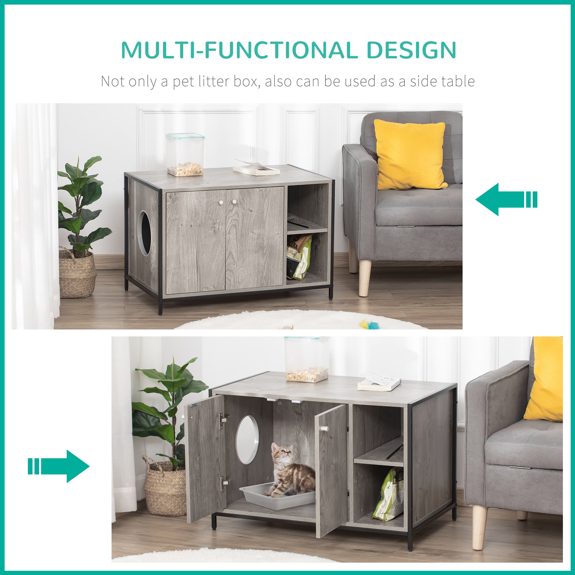 Large Wooden & Steel Cat Litter Box Enclosure, Kitten Washroom End Table, Indoor Hidden Cat House with Magnetic Doors & Storage Shelves, Gray