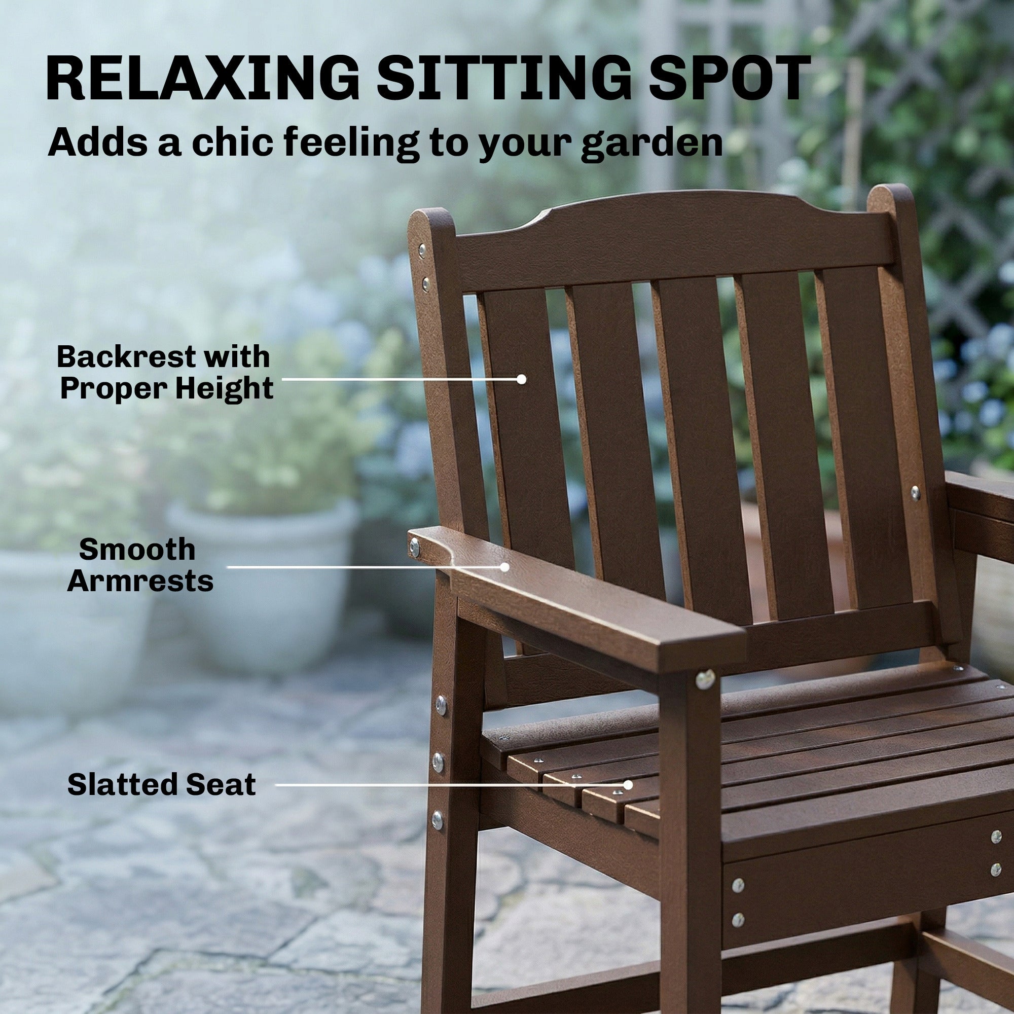 All-Weather Patio Chair, HDPE Patio Dining Chair, Heavy Duty Wood-Like Outdoor Furniture for Garden, Backyard, Deck, Porch, Lawn, Brown