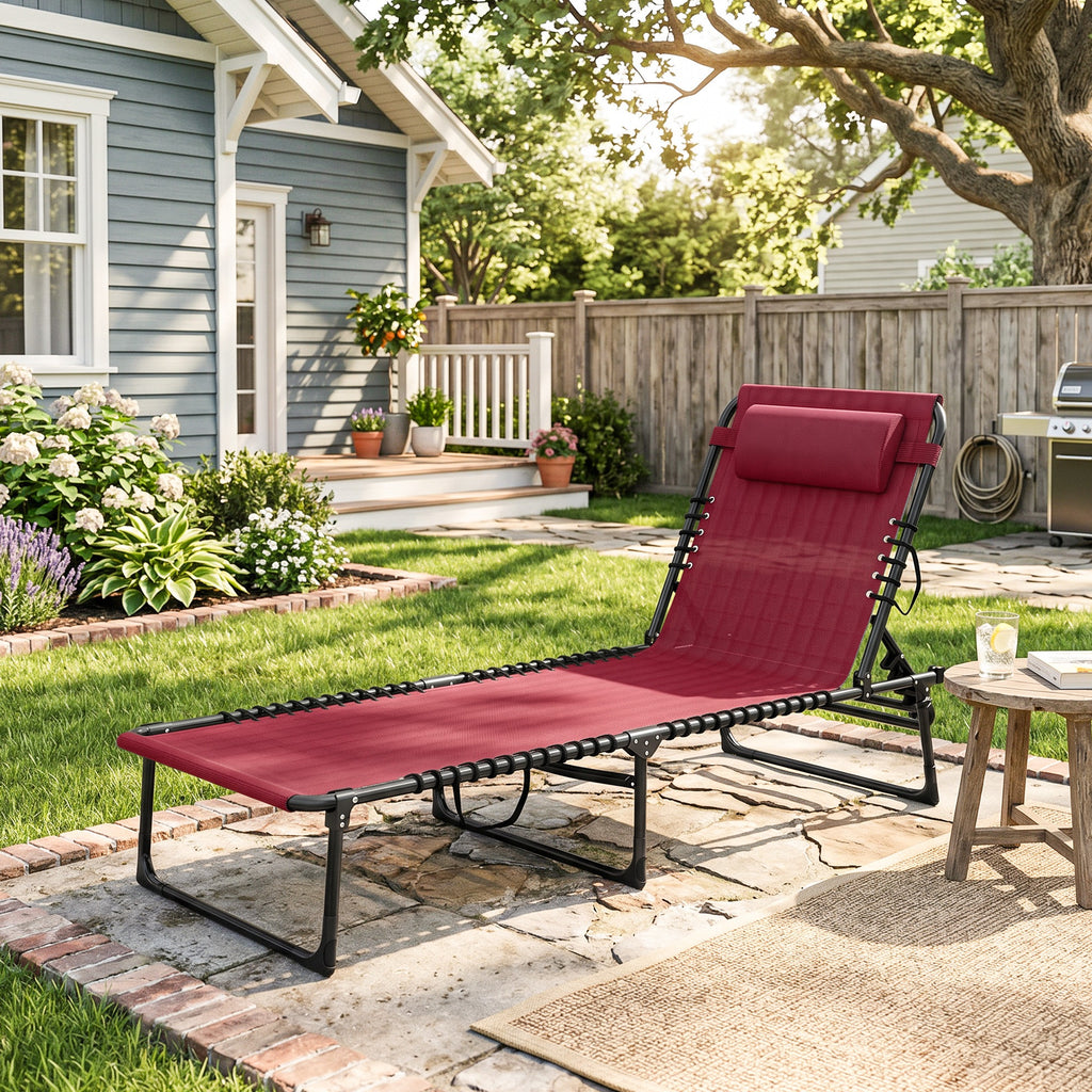 Folding Chaise Lounge Pool Chair with 4-Position Reclining Back, Pillow, Breathable Mesh & Bungee Seat, Wine Red