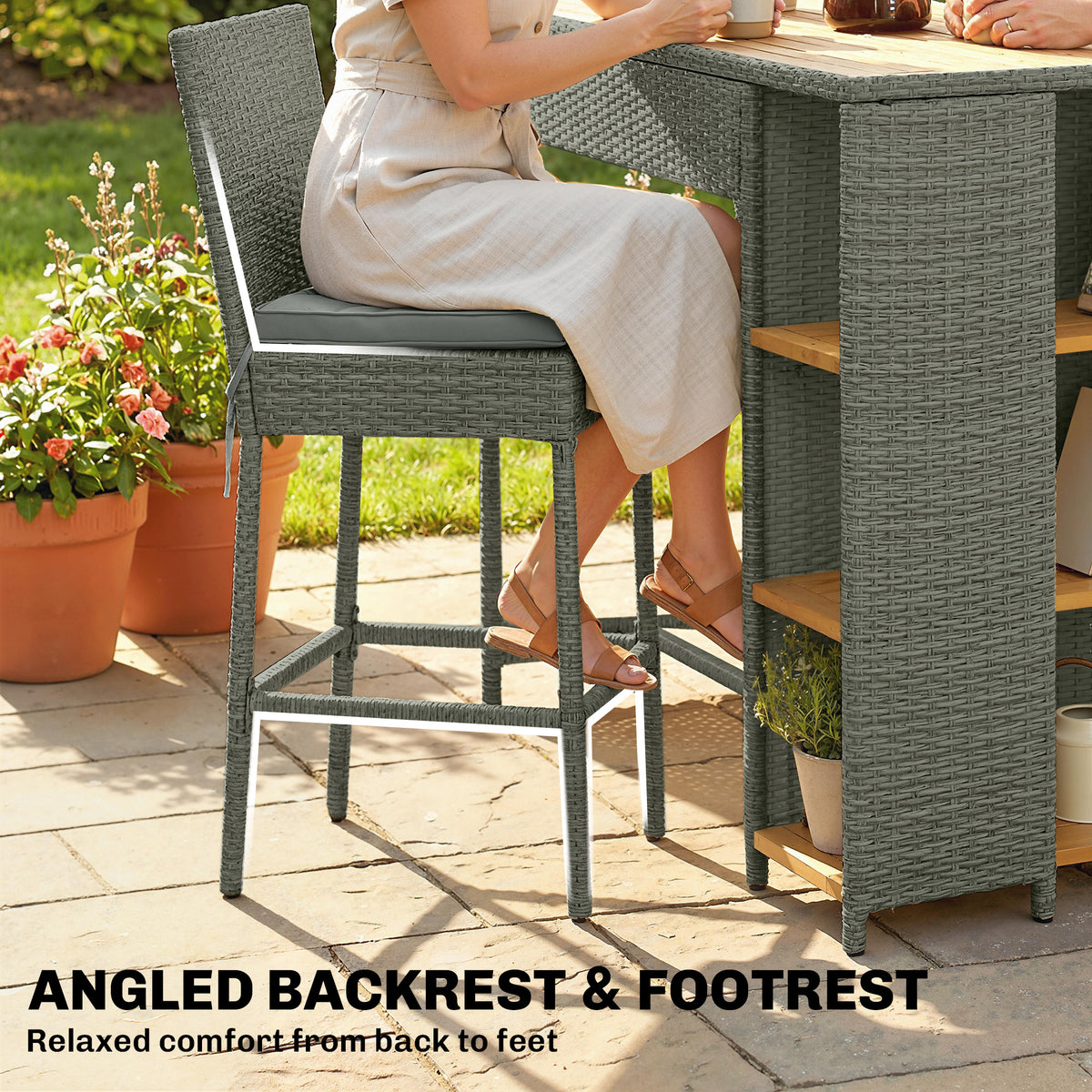 5 Piece Wicker Outdoor Bar Set, Acacia Wood Outdoor High Top Table and Chairs with 3 Tier Shelves, Cushions, Gray
