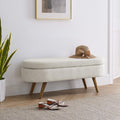 Oval Storage Ottoman Bench with Pleated Linen Fabric, Hidden Storage Footstool with Handmade Rubberwood Legs, 43.5" L x 16" W x 16" H, Beige