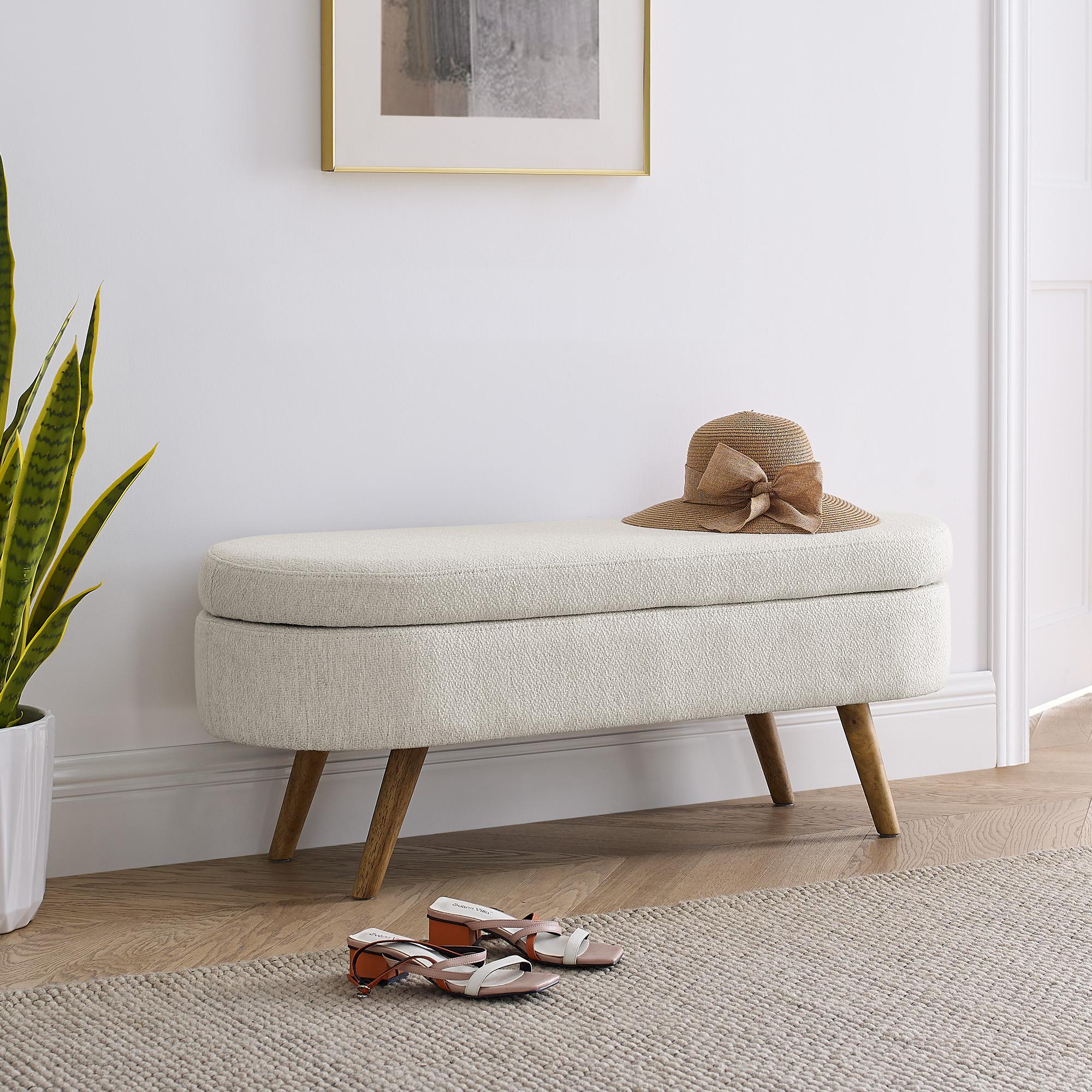 Oval Storage Ottoman Bench with Pleated Linen Fabric, Hidden Storage Footstool with Handmade Rubberwood Legs, 43.5" L x 16" W x 16" H, Beige