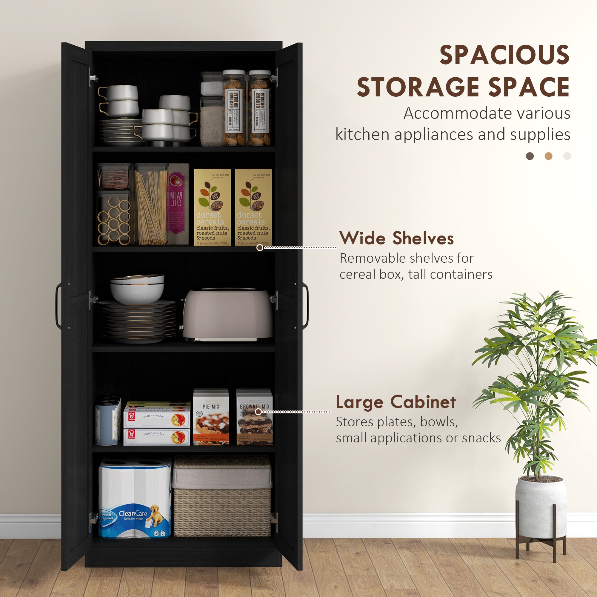 63" 2-Door Kitchen Pantry, Freestanding Cabinet with 2 Adjustable Shelves for Dining Room, Cinnamon Black Wood Grain