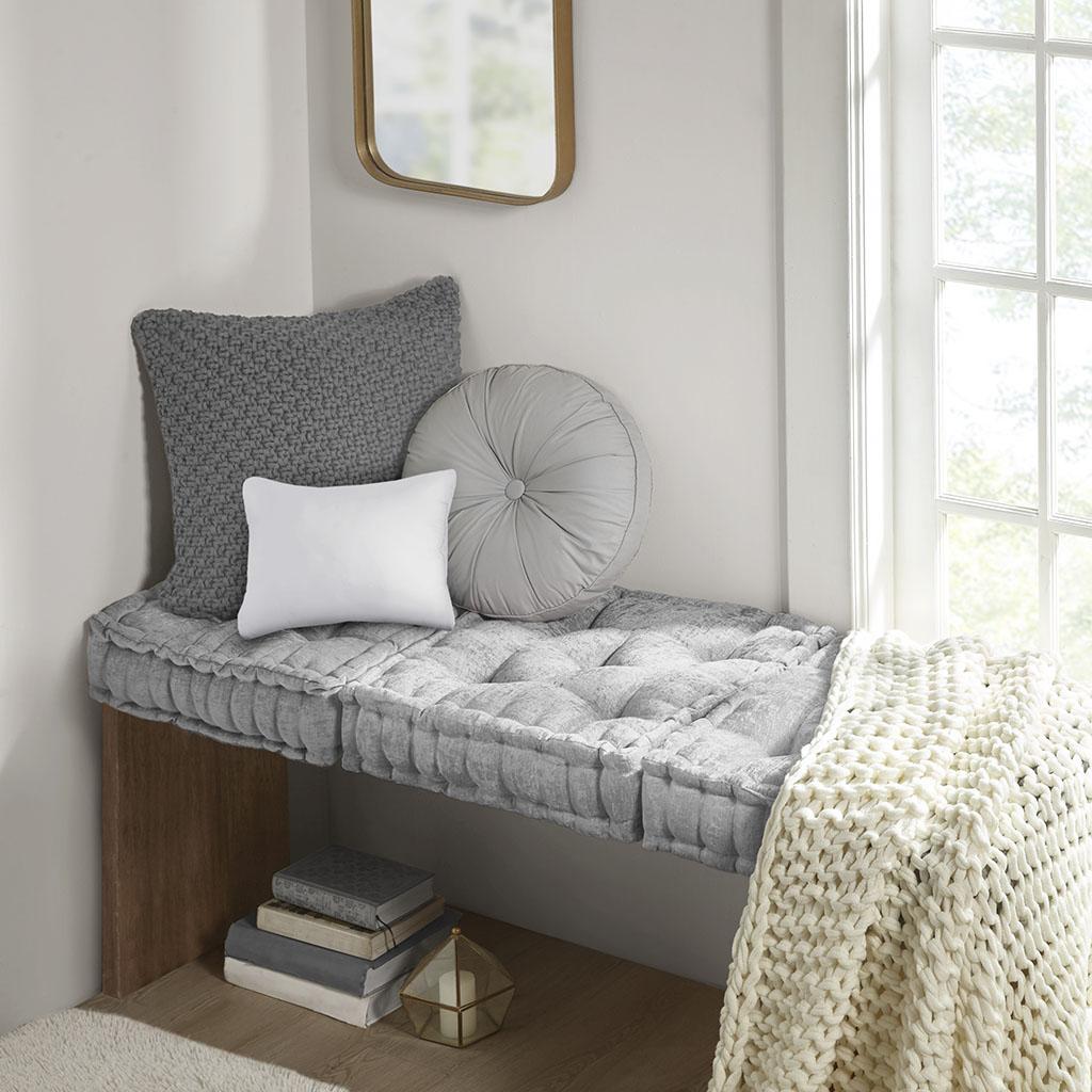 Poly Chenille Square Floor Pillow Cushion with Tufted Detailing, Scalloped Edge, Hypoallergenic 100% Polyester, 20" L x 20" W x 5" H, Gray