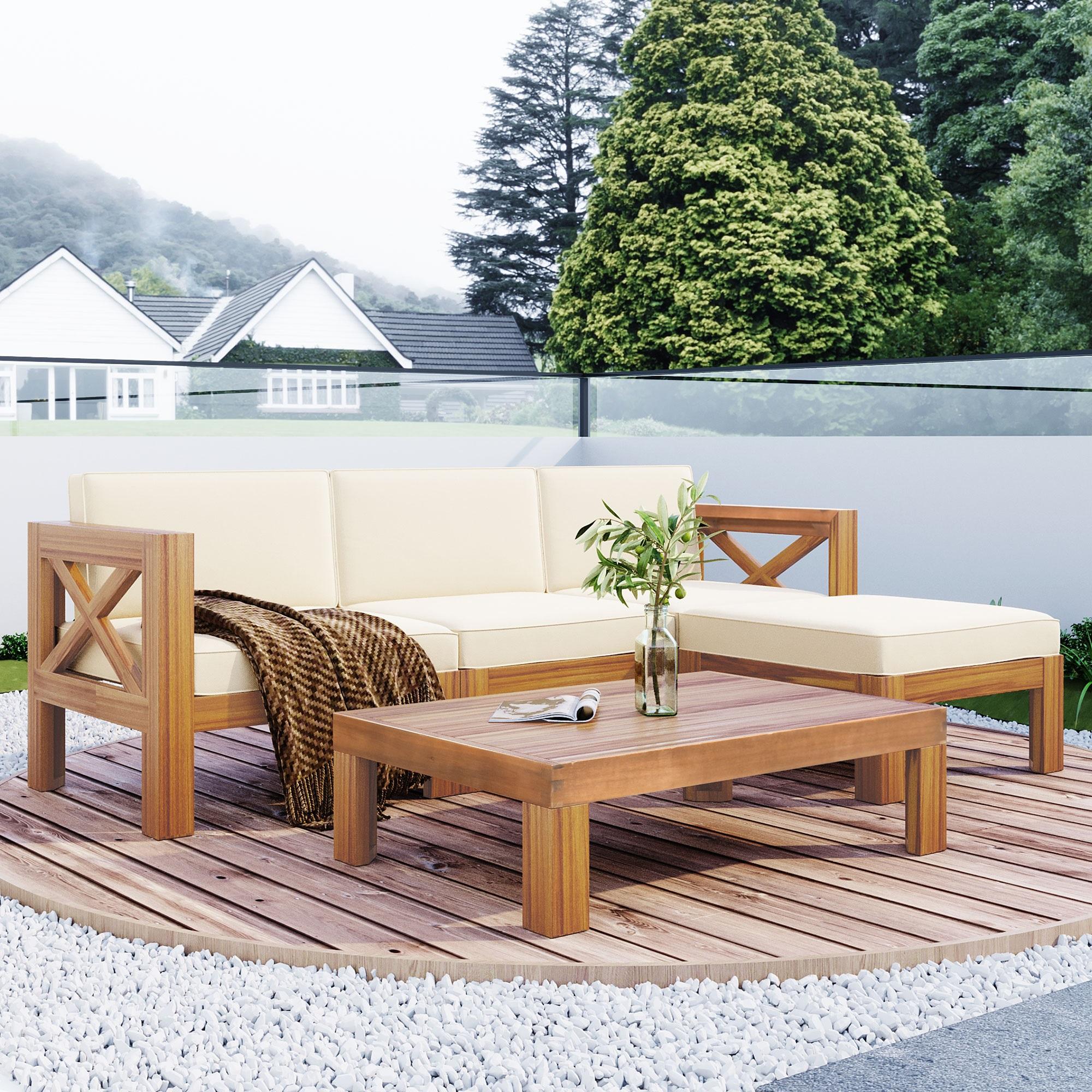 Casual Outdoor Sectional Sofa with Wood Frame & Cushions, Patio Seating Group for Backyard, 25.5" L x 25.5" W x 25.5" H, Beige