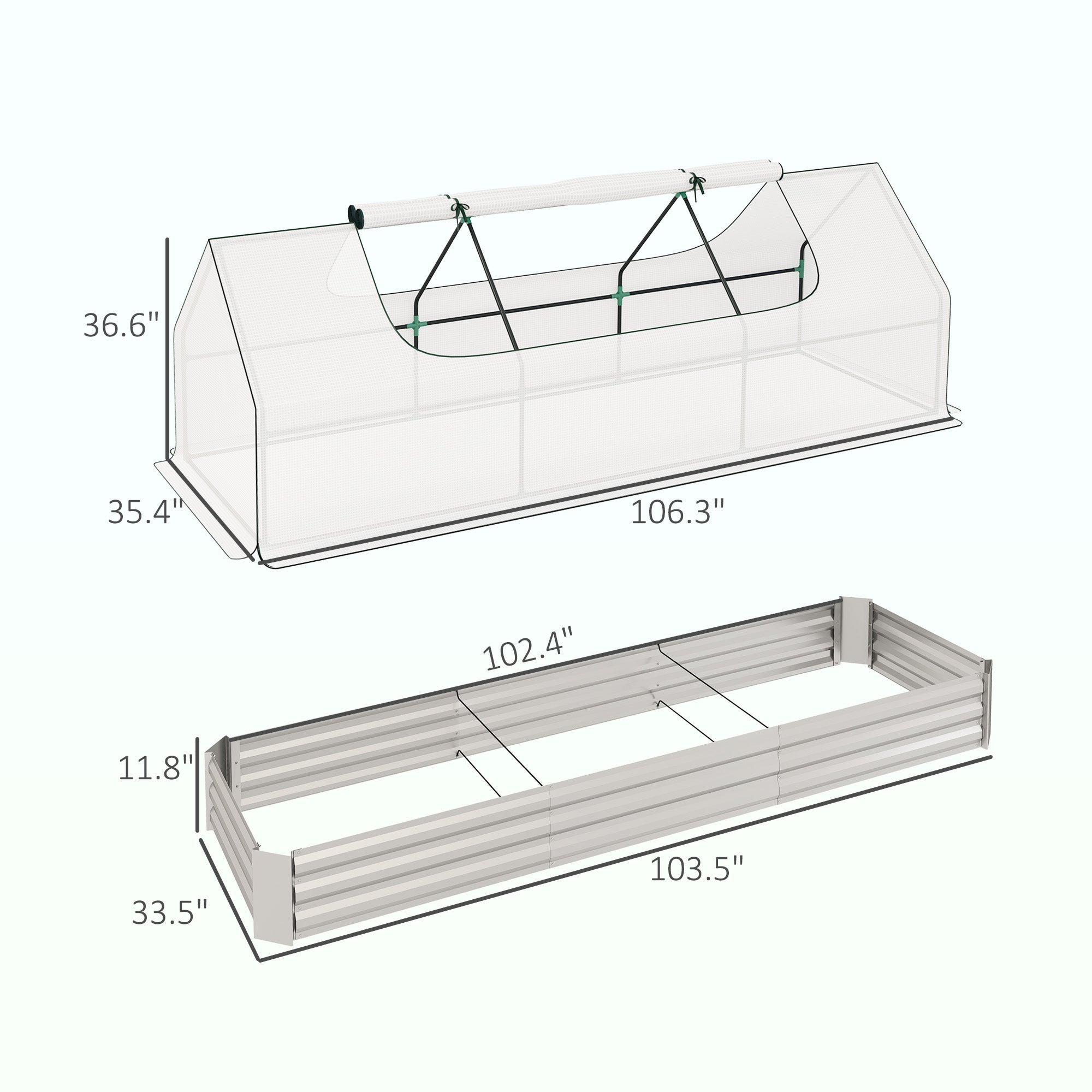 8.6 x 3 x 1ft Metal Planter Box with Mini Greenhouse, Galvanized Raised Garden Bed with Cover for Herbs and Vegetables, Small Greenhouse for Patio Garden Balcony, White and Silver
