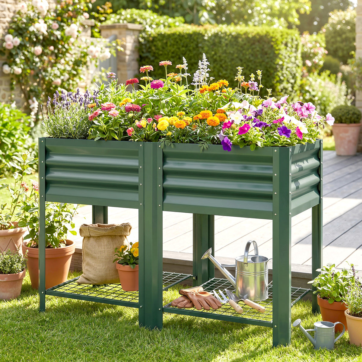 Raised Garden Bed Galvanized Steel, Elevated Planter Box with Storage Shelf, Bed Liner, 31.5" High, Green