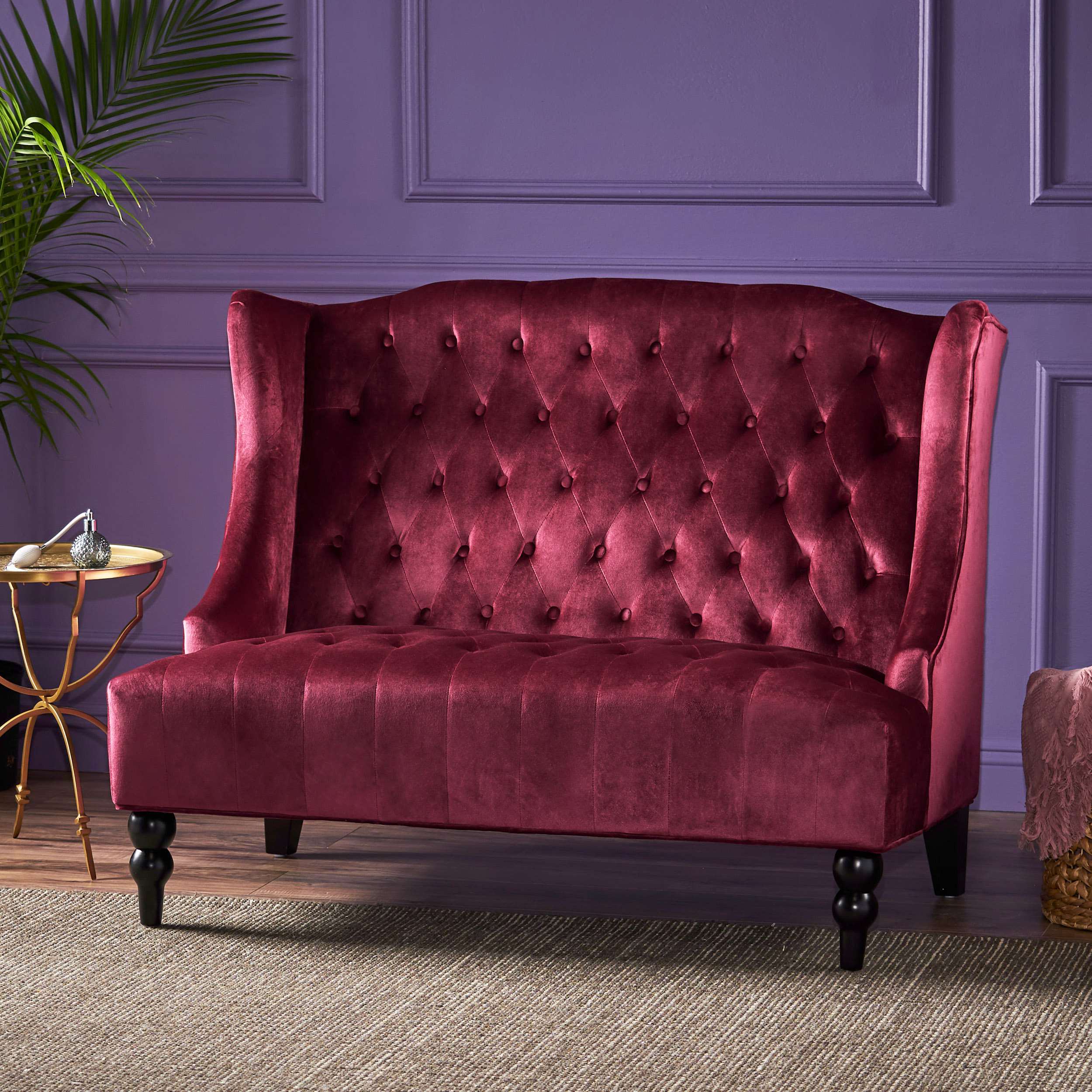 Modern Glam Loveseat Sofa with Velvet Upholstery, Wingback Design, Button-Tufted Diamond Stitch,50.50" W x 34.00" D x 38.50" H, Wine Red