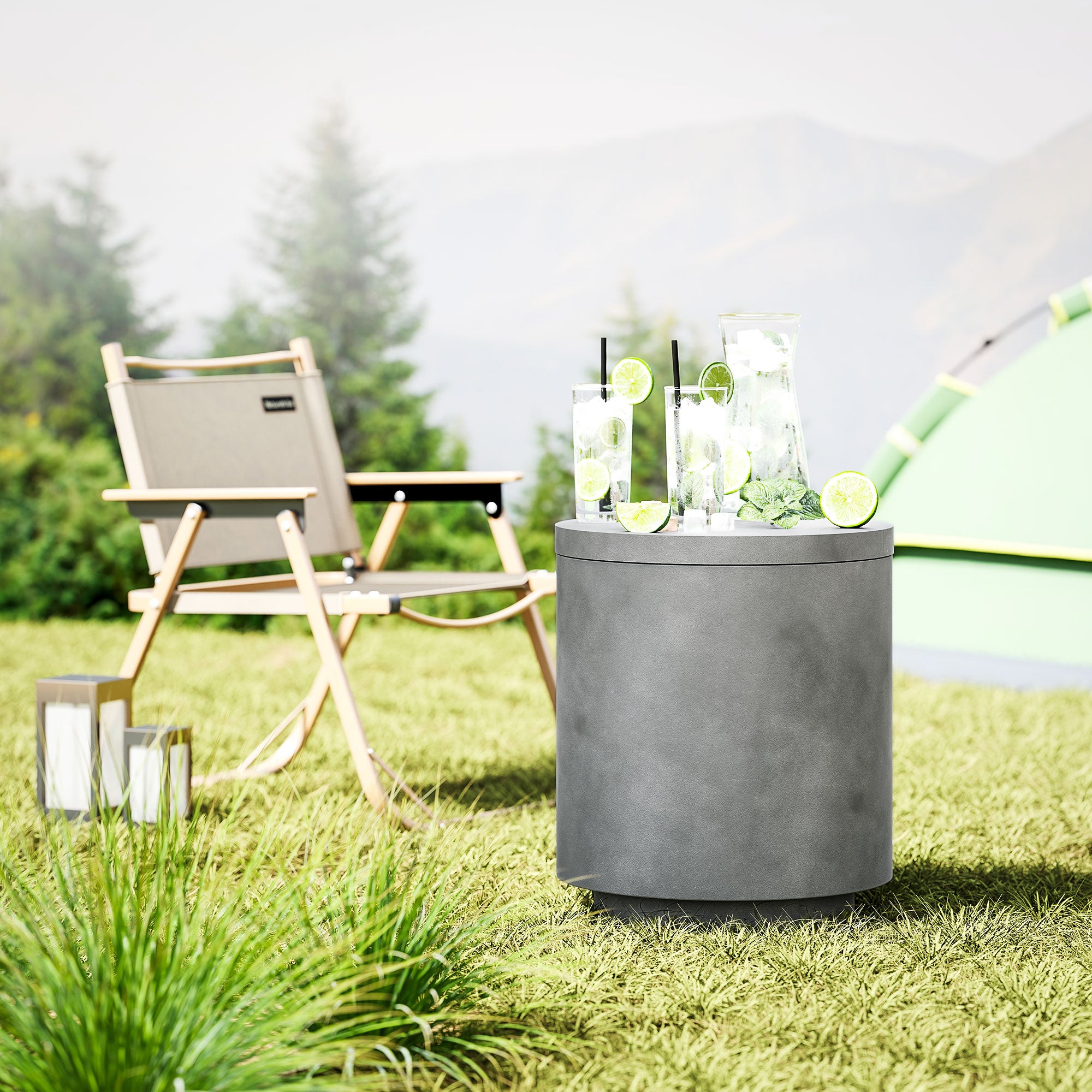 2.6 Gal Outdoor Side Table, 3-In-1 Concrete Cooler Bar Table with Storage, Removable Ice Bucket and Lid, Gray