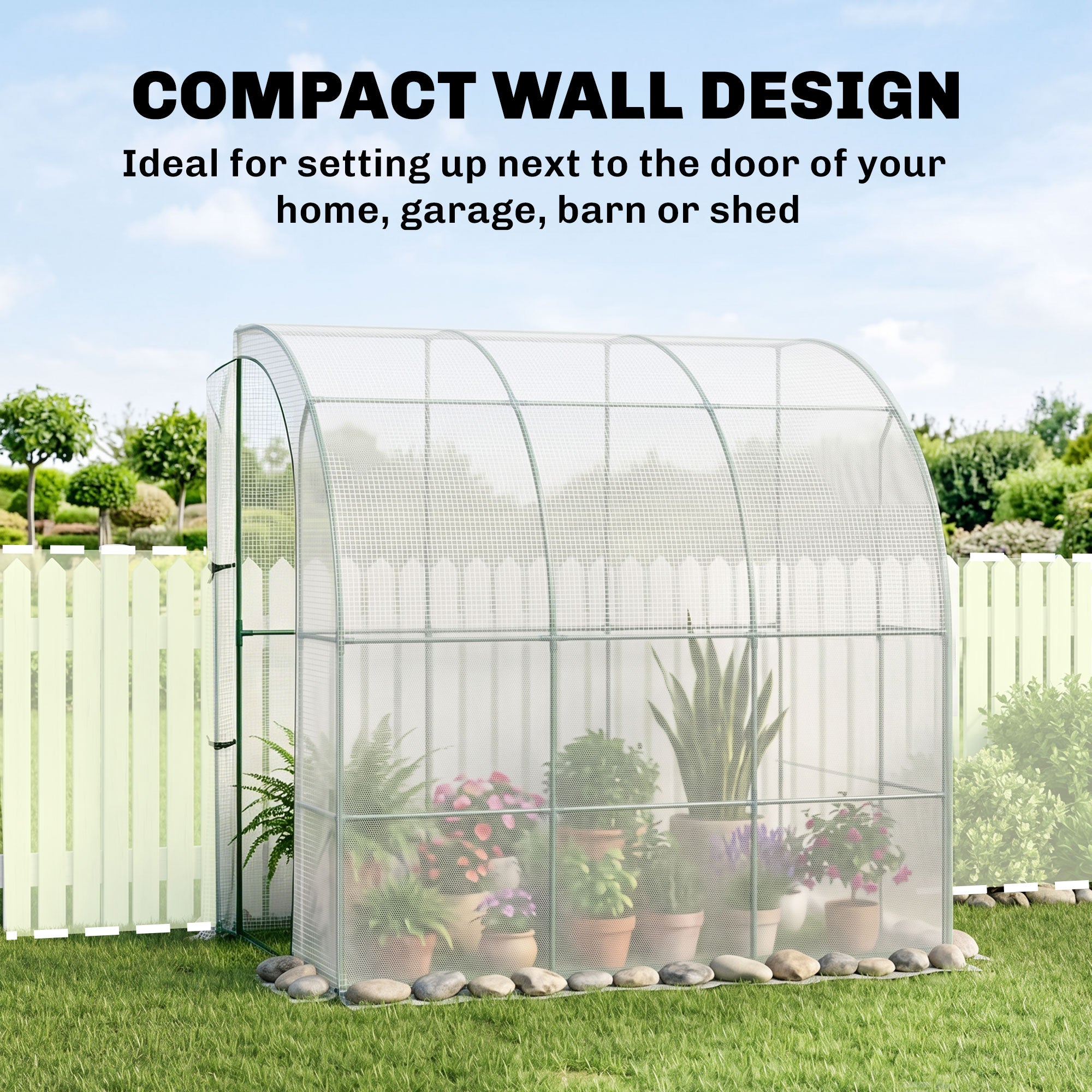 7' x 4' x 7' Outdoor Lean to Greenhouse, Walk-In Green House Plant Nursery with Roll-up Window, PE Cover, White