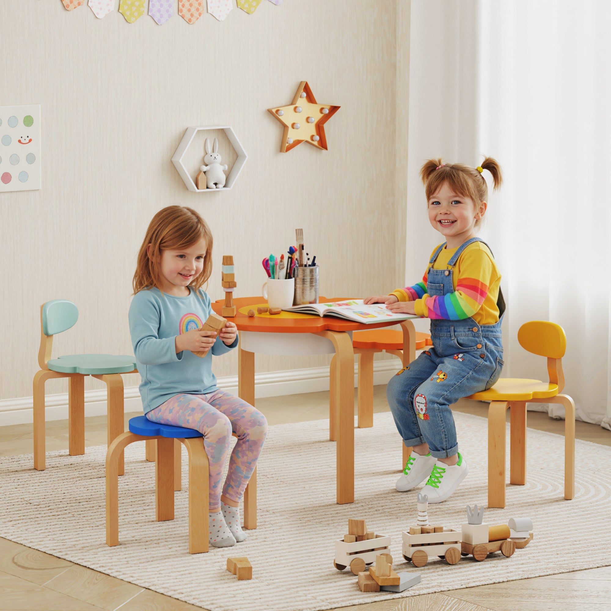 5 Piece Kids Table and Chairs Set, Toddler Table and Chair Set with Built-in Storage, for Nursery, Living Room, Playroom