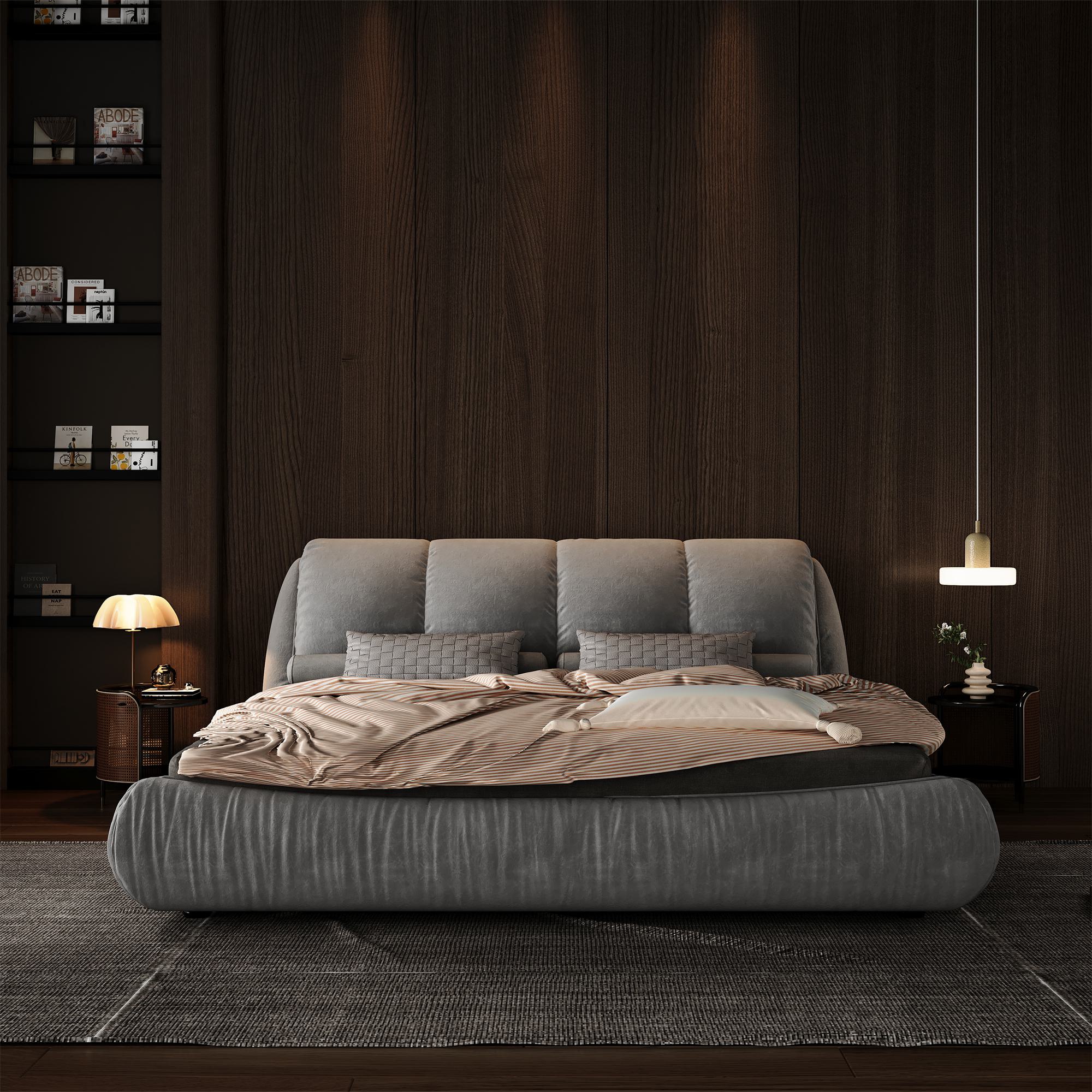 King Size Upholstered Bed with Oversized Padded Backrest, Solid Wood Frame, Adjustable Mattress Heights, 96.5" L x 86" W x 43.5" H, Gray