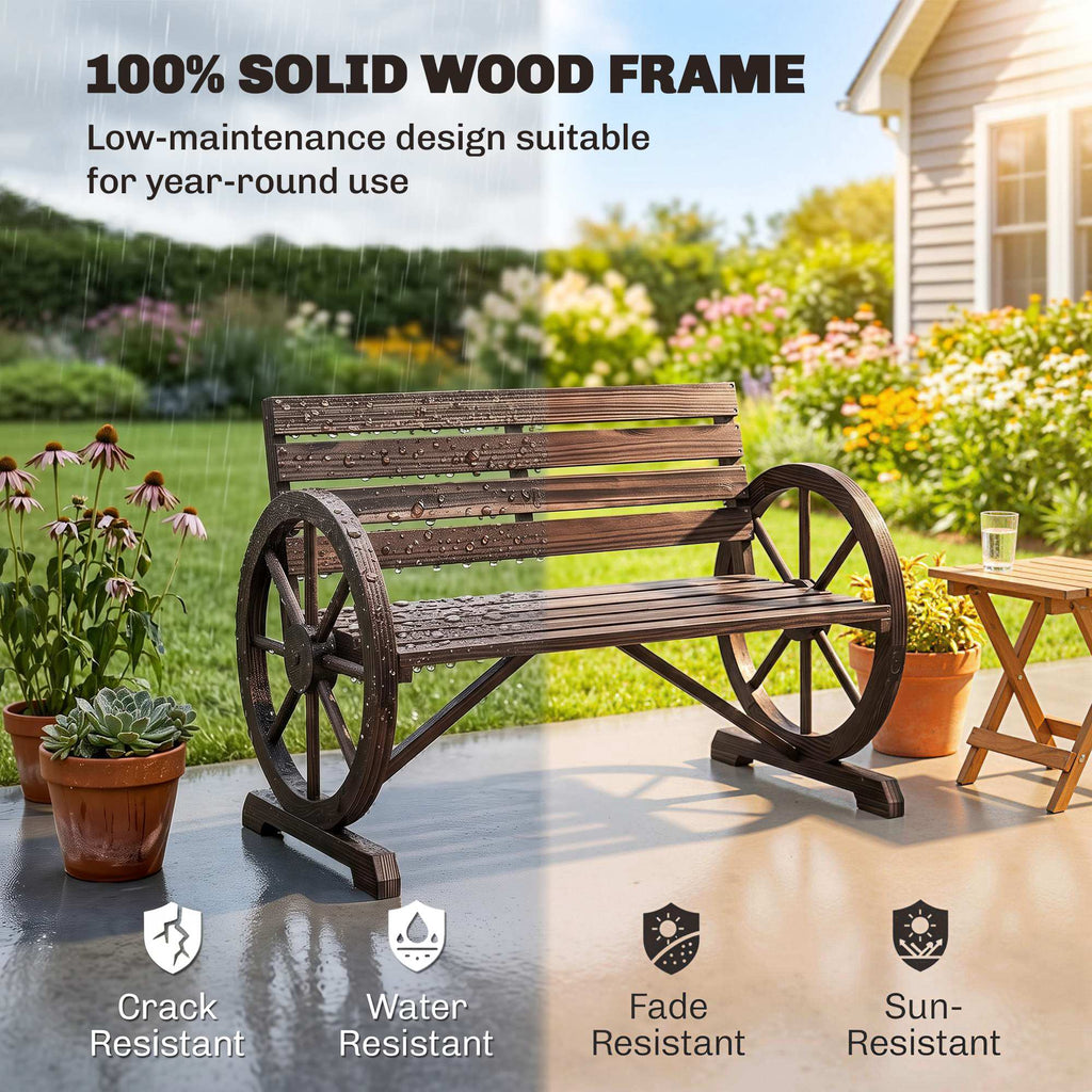 41" Wooden Wagon Wheel Bench, Rustic Outdoor Patio Bench Weather Resistance Furniture, 2-Person Slatted Seat with Backrest, Carbonized