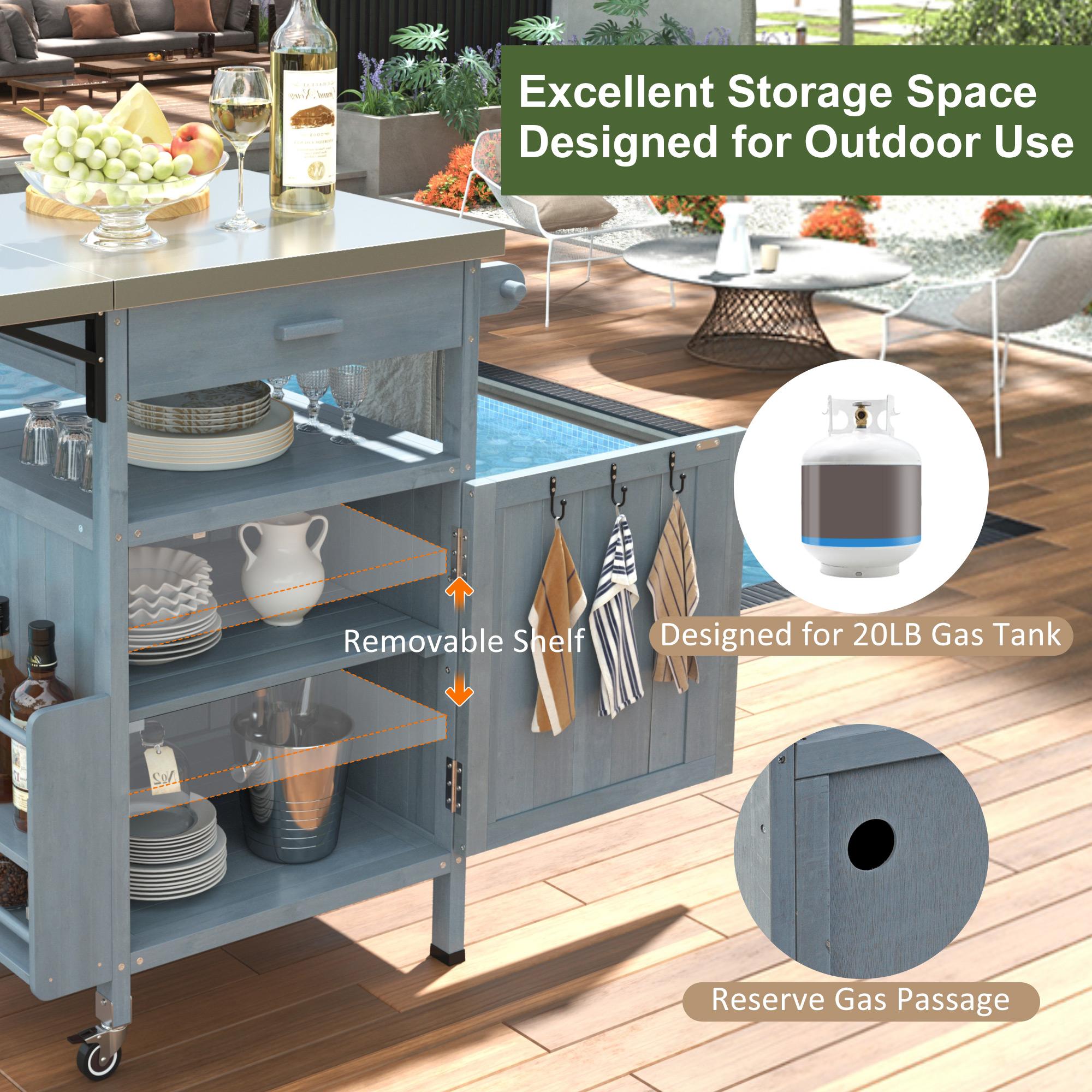 Outdoor Grill Cart with Stainless Steel Top, Storage Cabinet, Drop Leaf, Drawer, Towel Rack, Lockable Wheels, 40.5" L x 21" W x 36.3" H, Blue+Grey