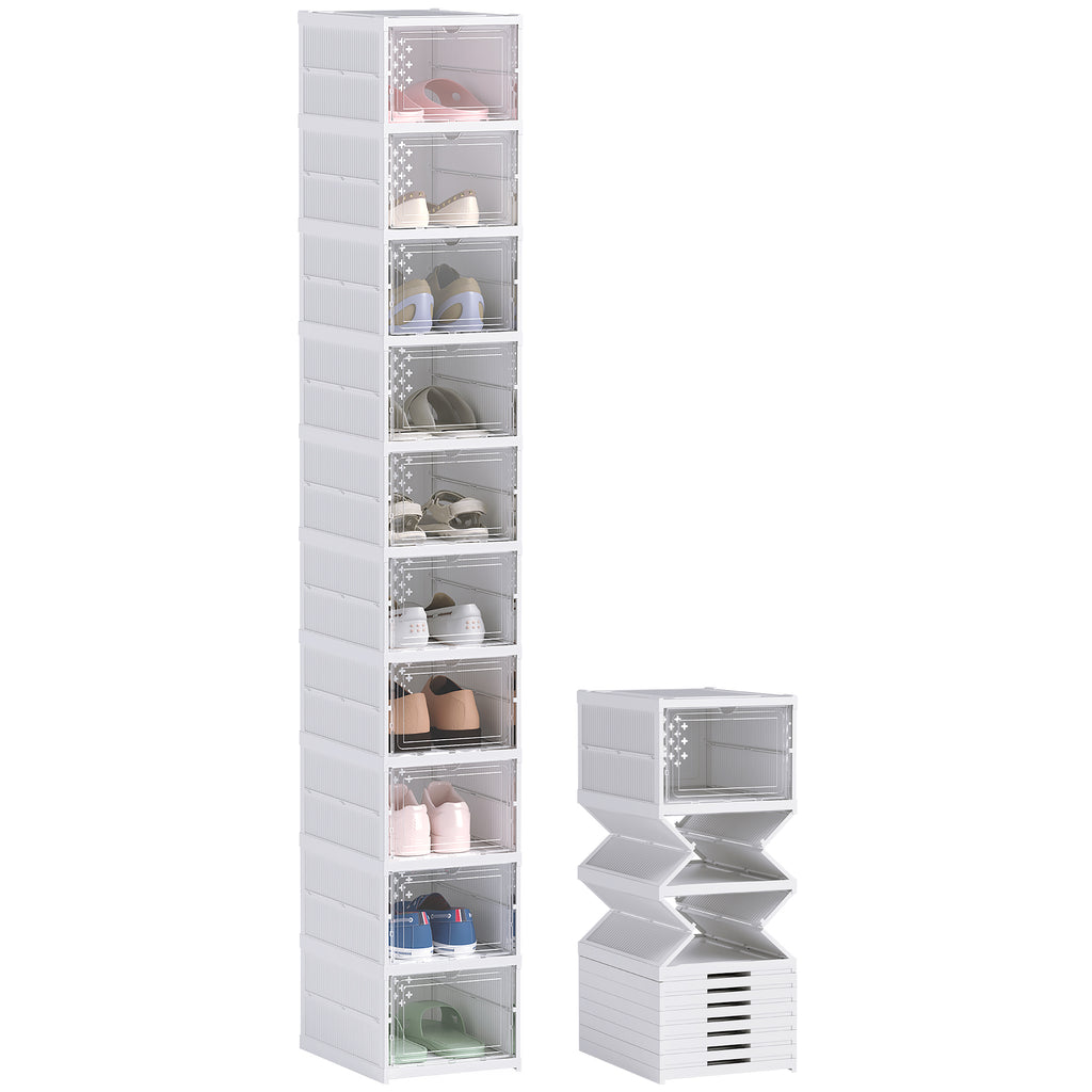 Stackable Plastic Shoe Boxes, 10 Pack Foldable Shoe Storage Boxes with Clear Door, No Assembly, Fit Size 10, White