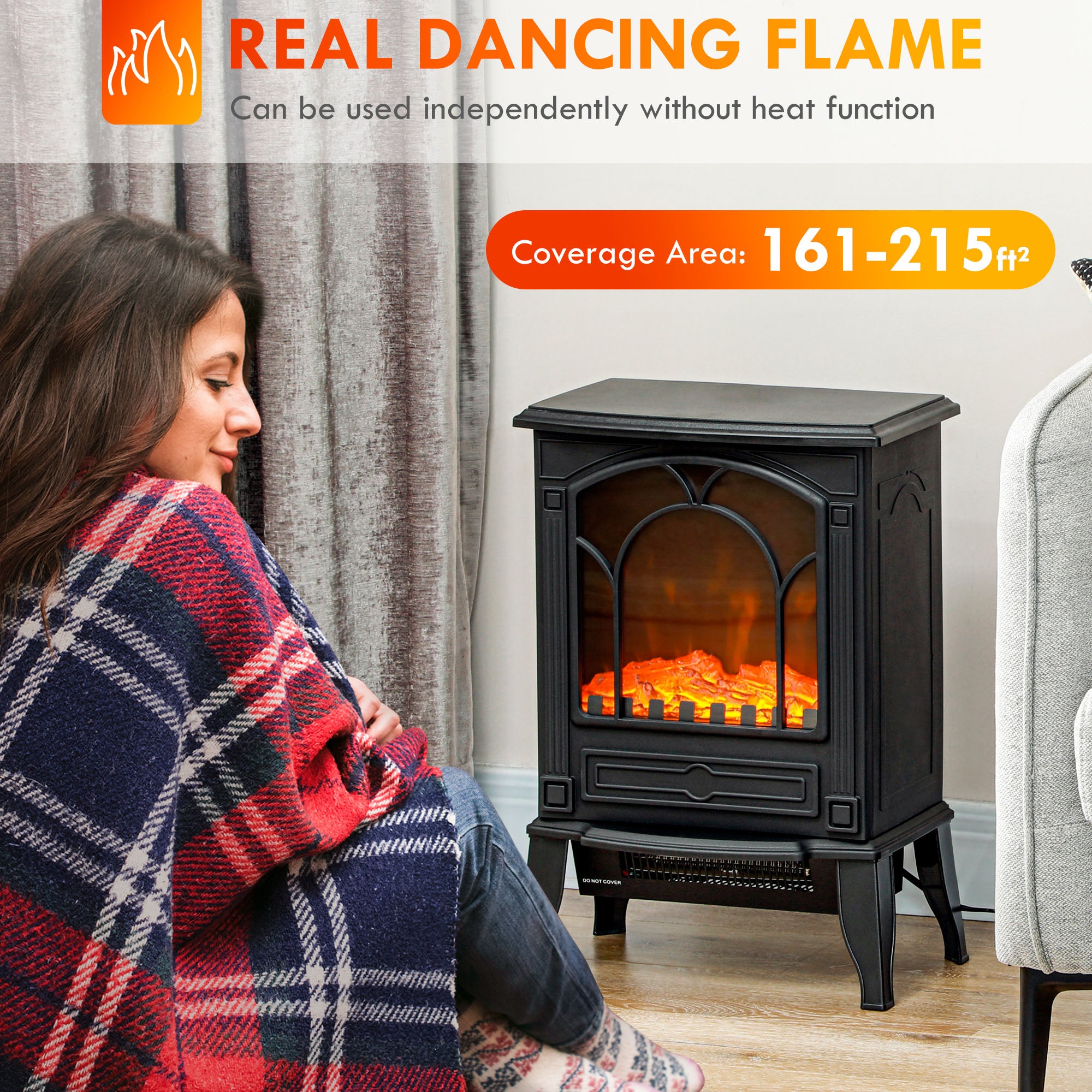 Electric Fireplace Heater, Freestanding Fireplace Stove with Realistic Flame Effect Overheat Protection 725W/1450W Black