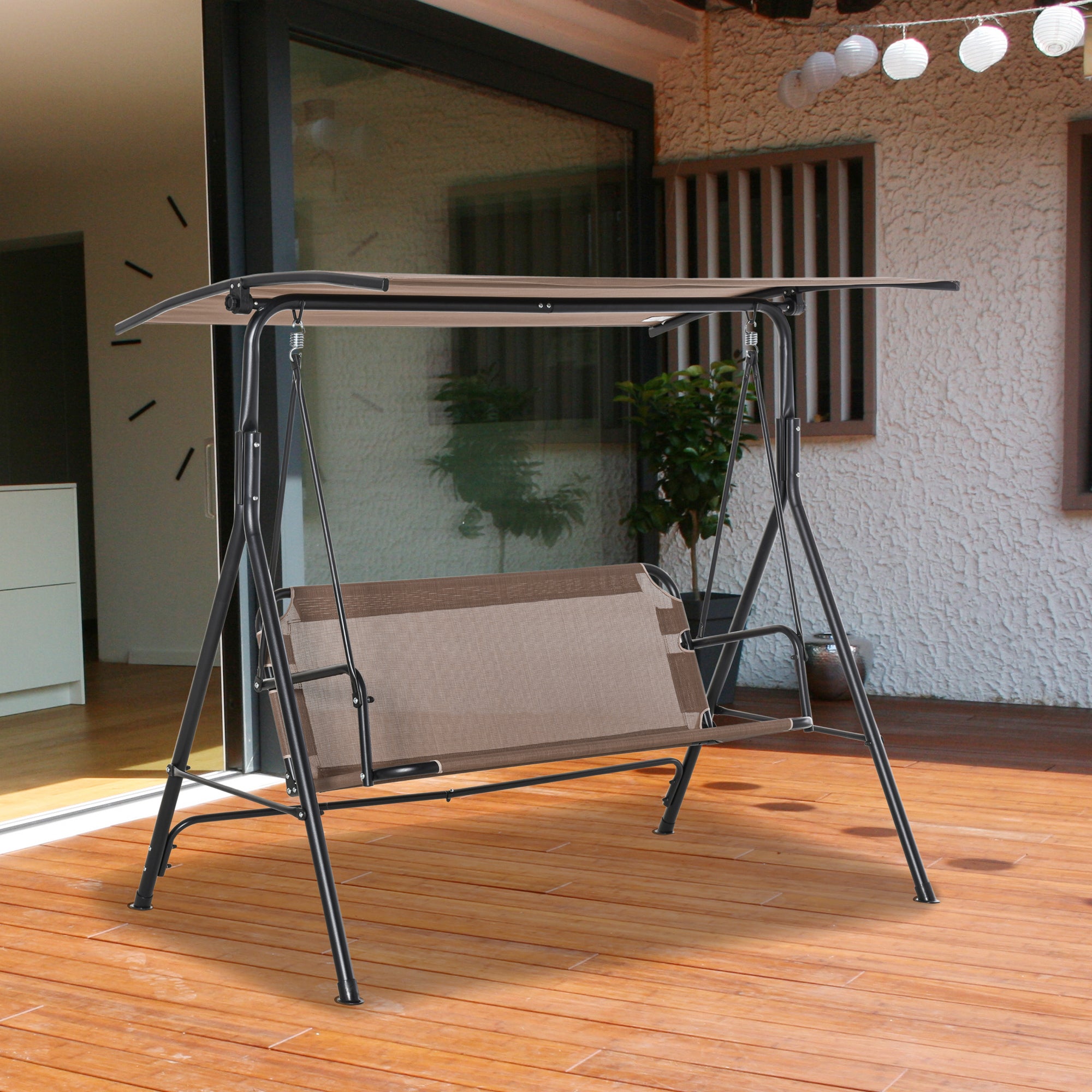 2-Seater Patio Swing Chair, Outdoor Adjustable Canopy Porch Swing with Armrests, Texeline Fabric and Steel Frame, Brown