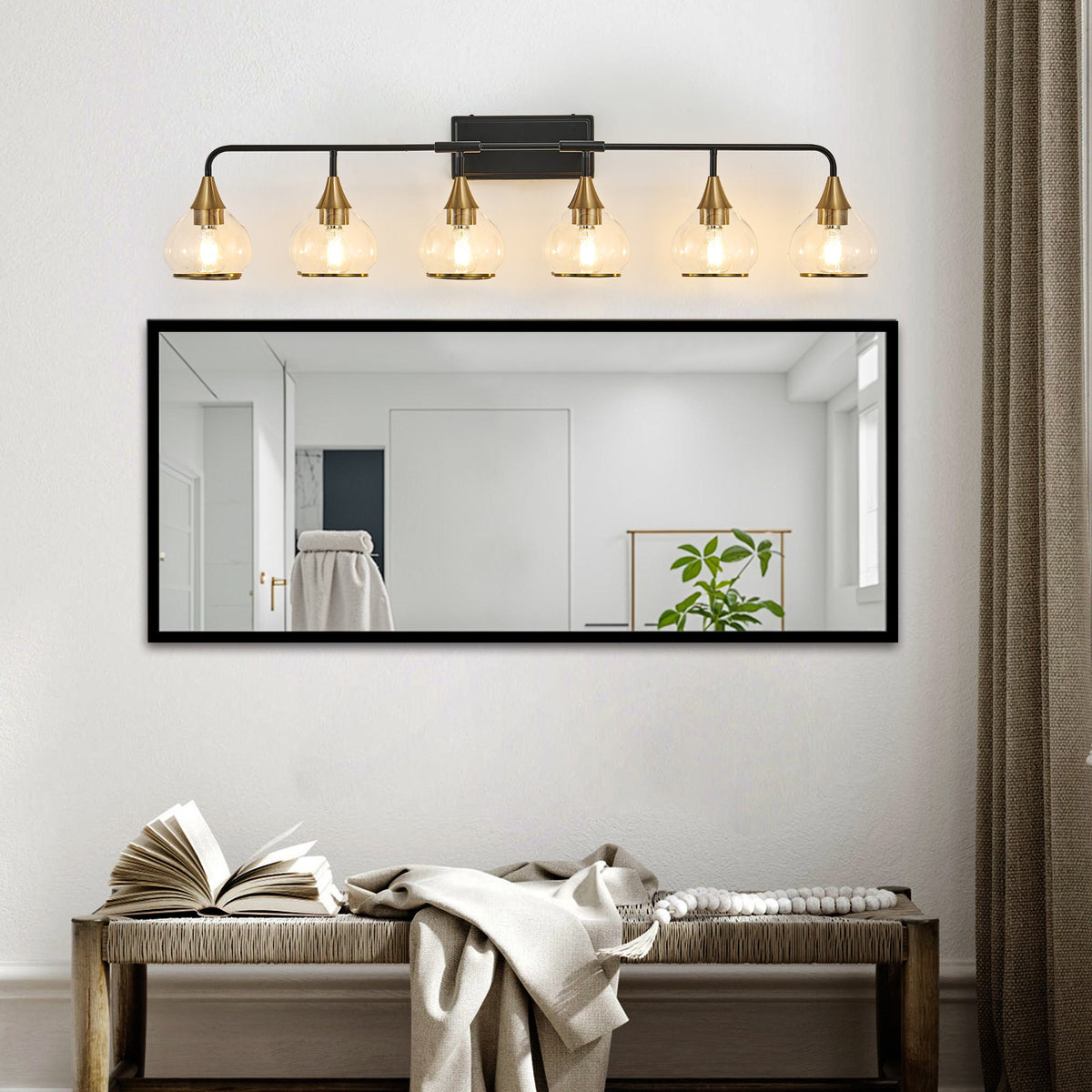 48" Modern 6-Light Vanity Wall Sconce with Clear Glass Shades, Wall Mounted Lamp for Bathroom, Living Room, 48" L x 8" W x 11" H, Black+Gold