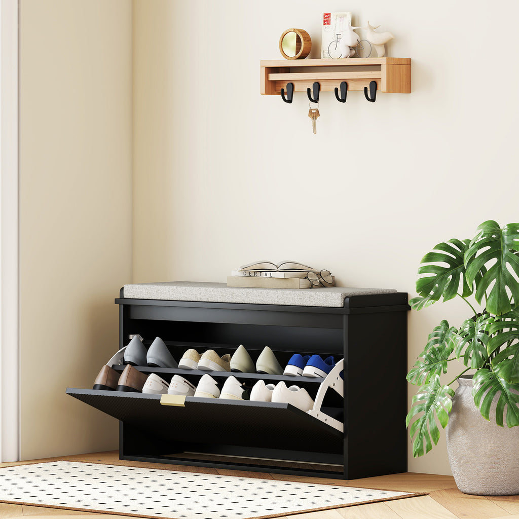 Shoe Storage Bench with Padded Seat Cushion and Flip-Drawer, Entryway Bench, Shoe Cabinet, 31.5x10.2x18.7 Inches, Black