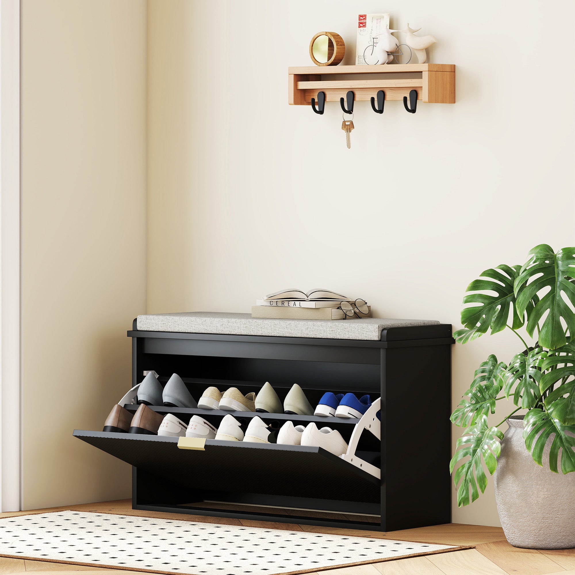 Shoe Storage Bench with Padded Seat Cushion and Flip-Drawer, Entryway Bench, Shoe Cabinet, 31.5x10.2x18.7 Inches, Black