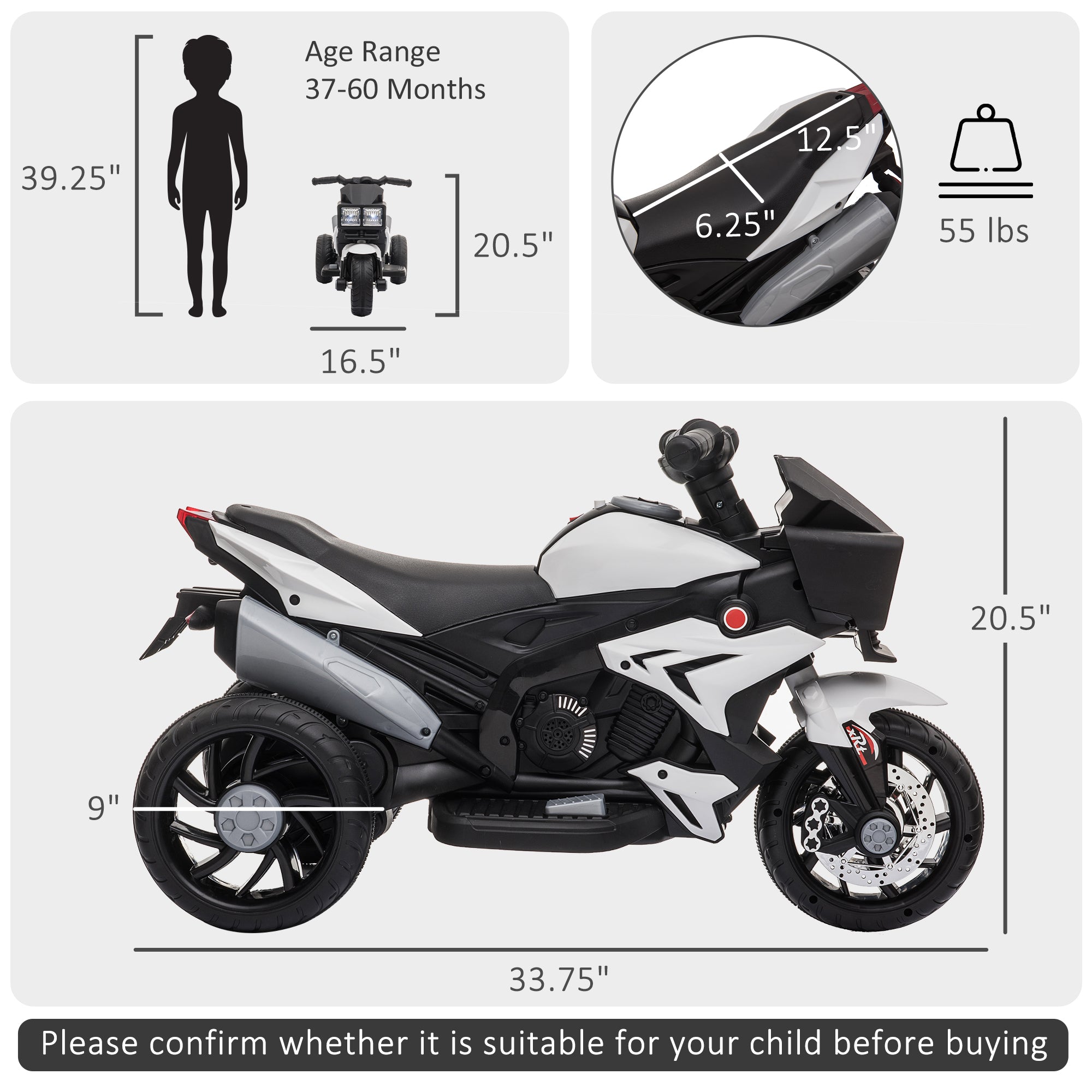 6V Kids Motorcycle, Battery-Operated Mini Electric Motorbike with Forward/Reverse Switch, Horn, White