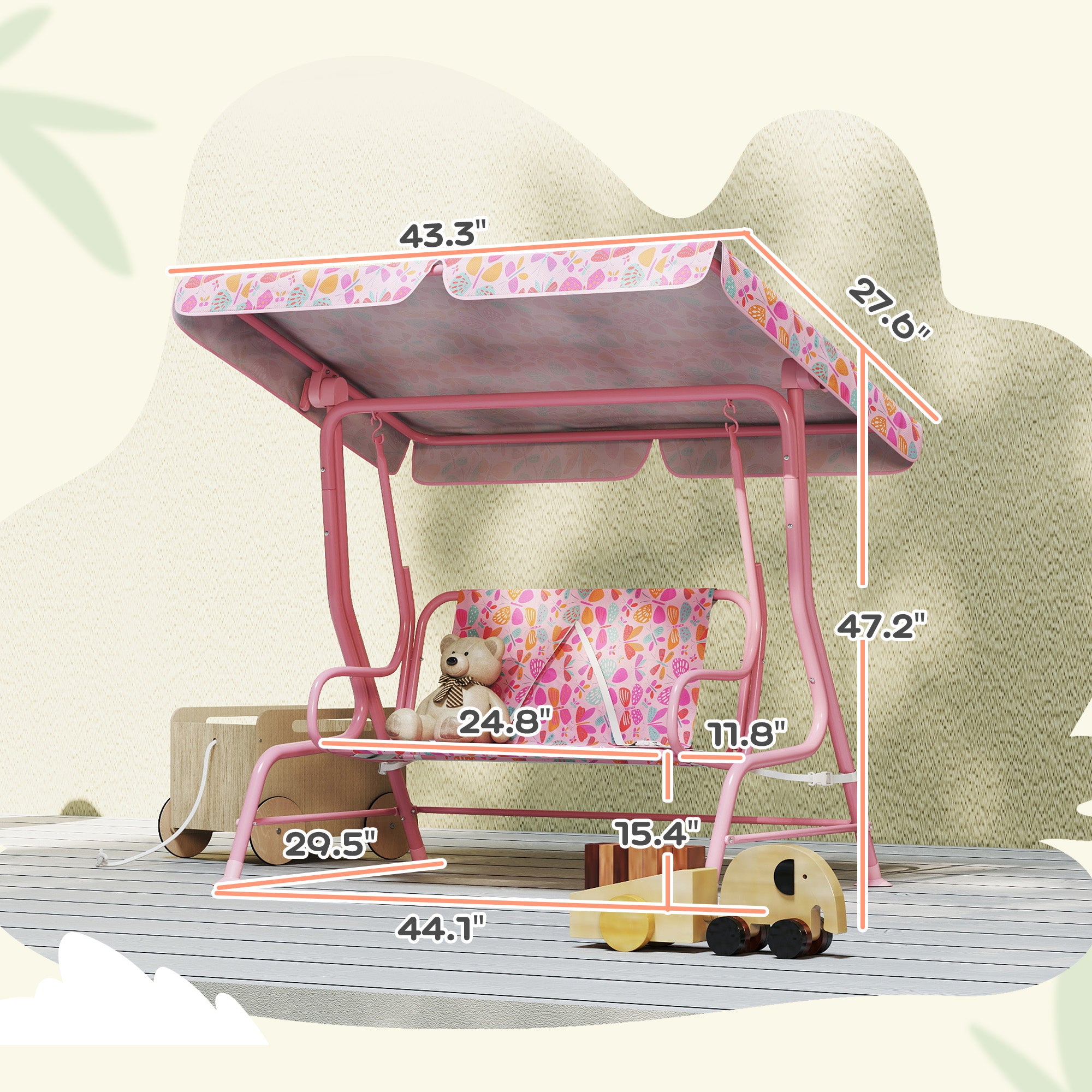 Kids Patio Swing, 2-Seater Outdoor Porch Swing with Safety Belt and Adjustable Canopy for Backyard Garden, Pink