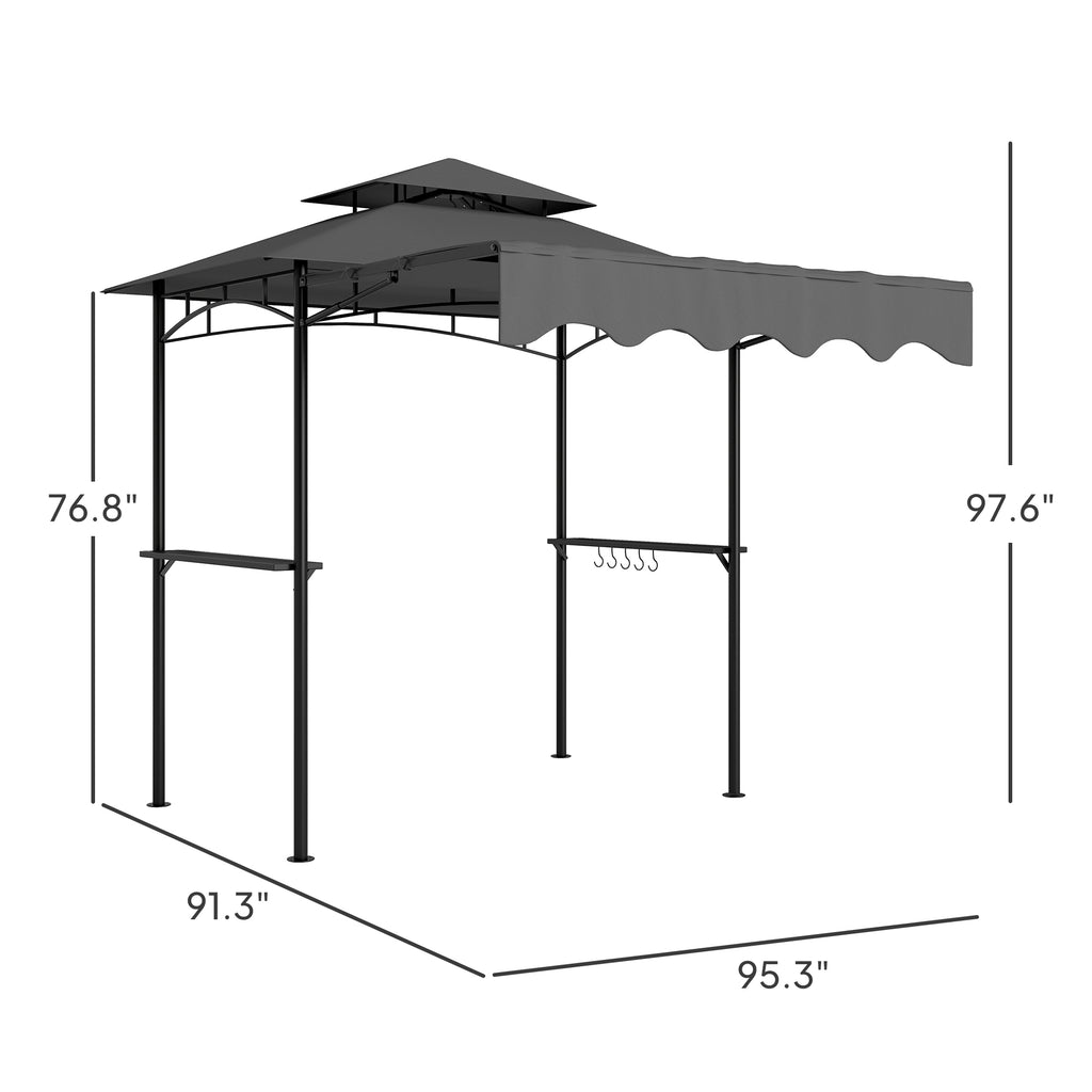 8' x 7.6' Outdoor Grill Gazebo, Barbecue Gazebo Shelter with Side Awning, 2 Side Shelves and 6 Hooks, Dark Gray