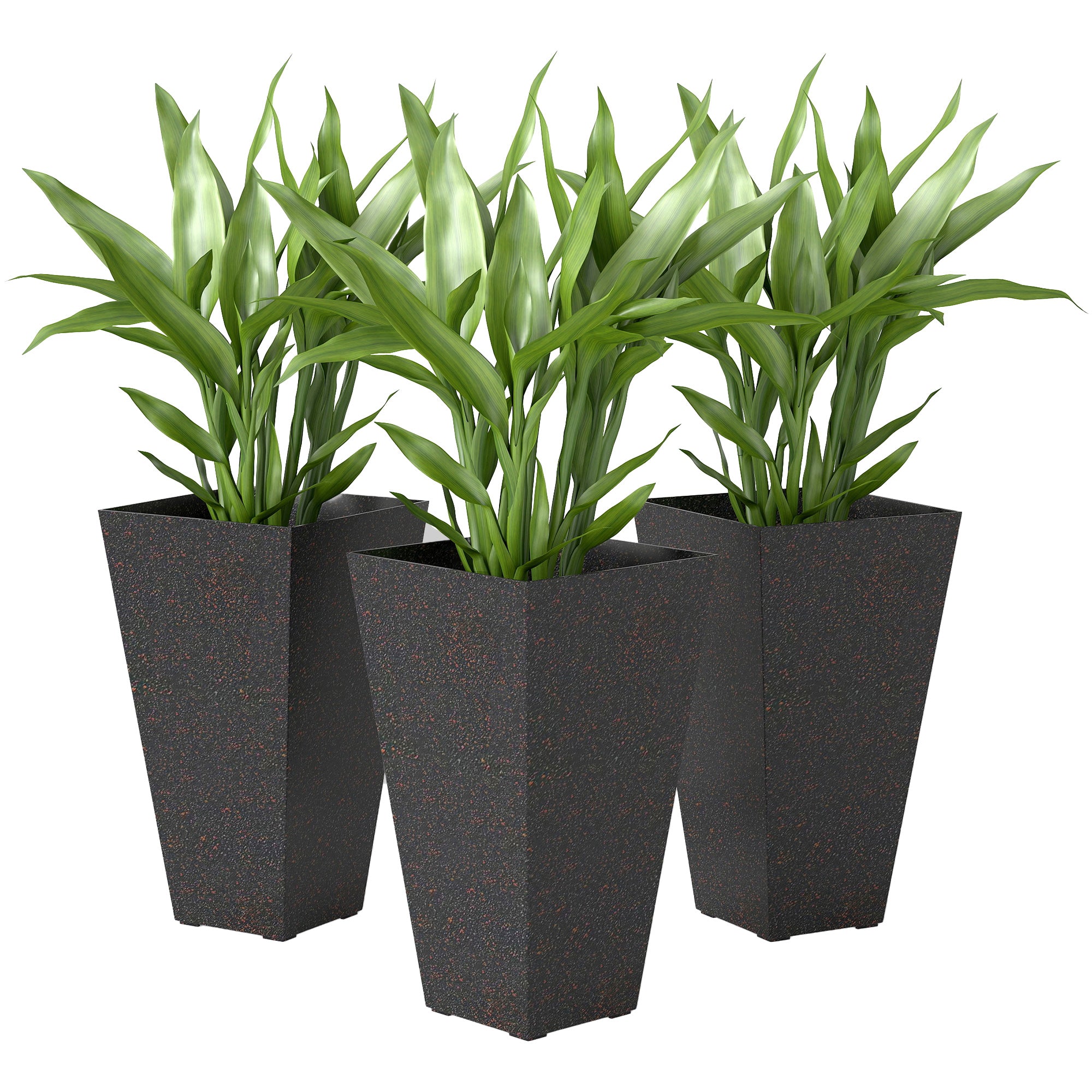 28" Tall Planters, Set of 3 Plastic Flower Pots with Marble Finish and Drainage Holes, Stackable Taper Planters, Brown
