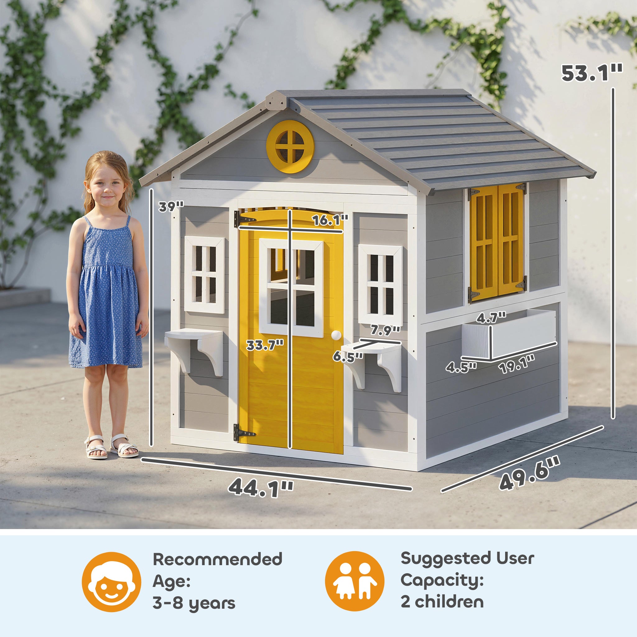 Wooden Playhouse for Kids Outdoor with Doors, Windows, Planter Pots and Boxes for Toddlers 3-8 Years, Gray