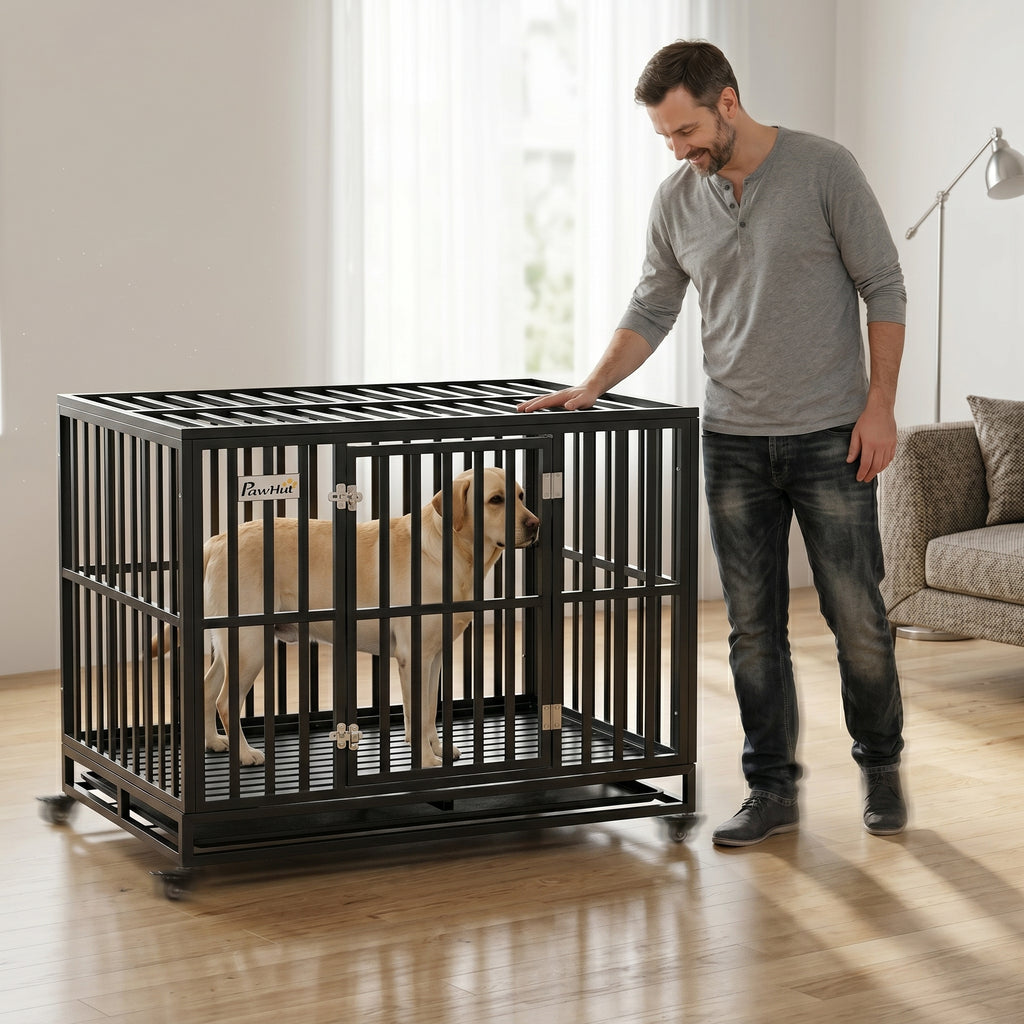 45" Heavy Duty Dog Crate, Escape-Proof Steel Kennel with Wheels, Black