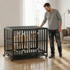 45" Heavy Duty Dog Crate, Escape-Proof Steel Kennel with Wheels, Black