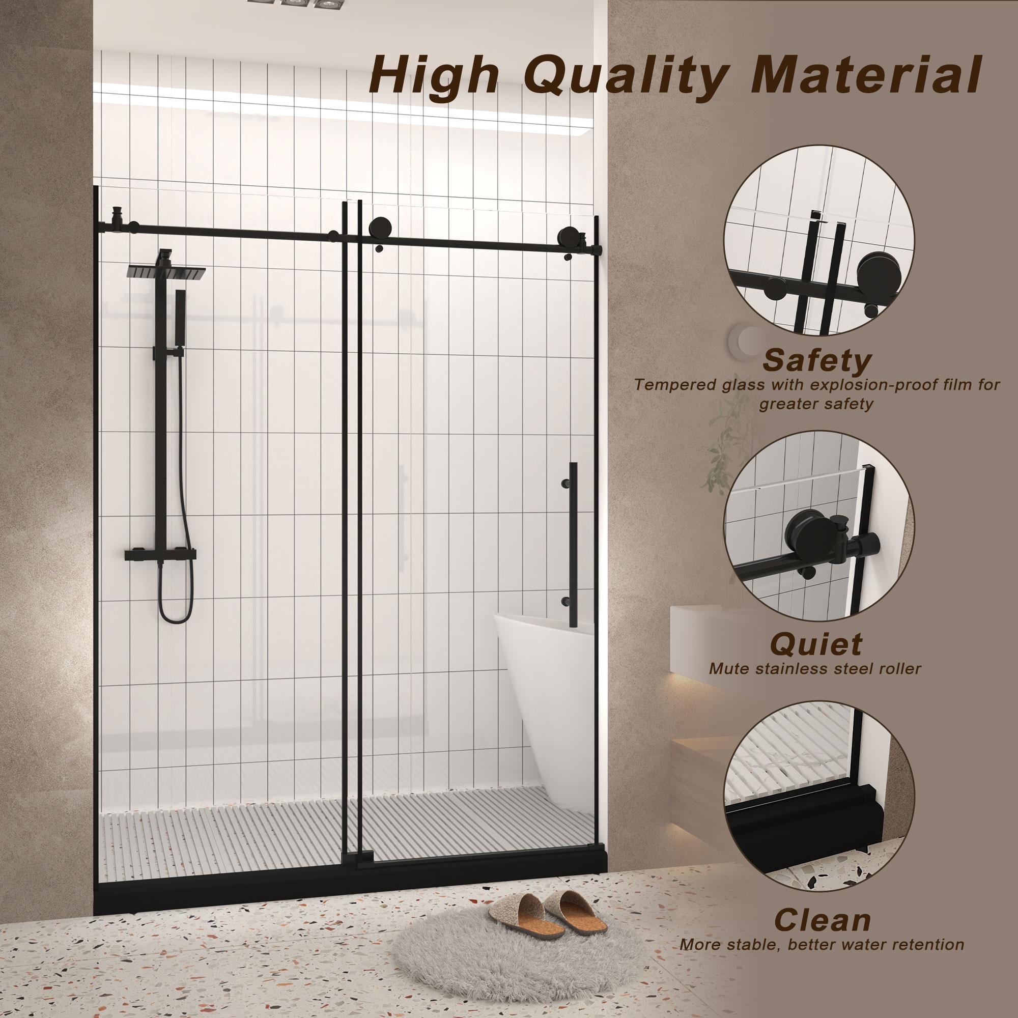 Frameless Sliding Shower Door with Explosion-Proof Film and Smooth Stainless Steel Rollers, Panel for Bathroom, 60" L x 0.5" W x 76" H, Matte Black