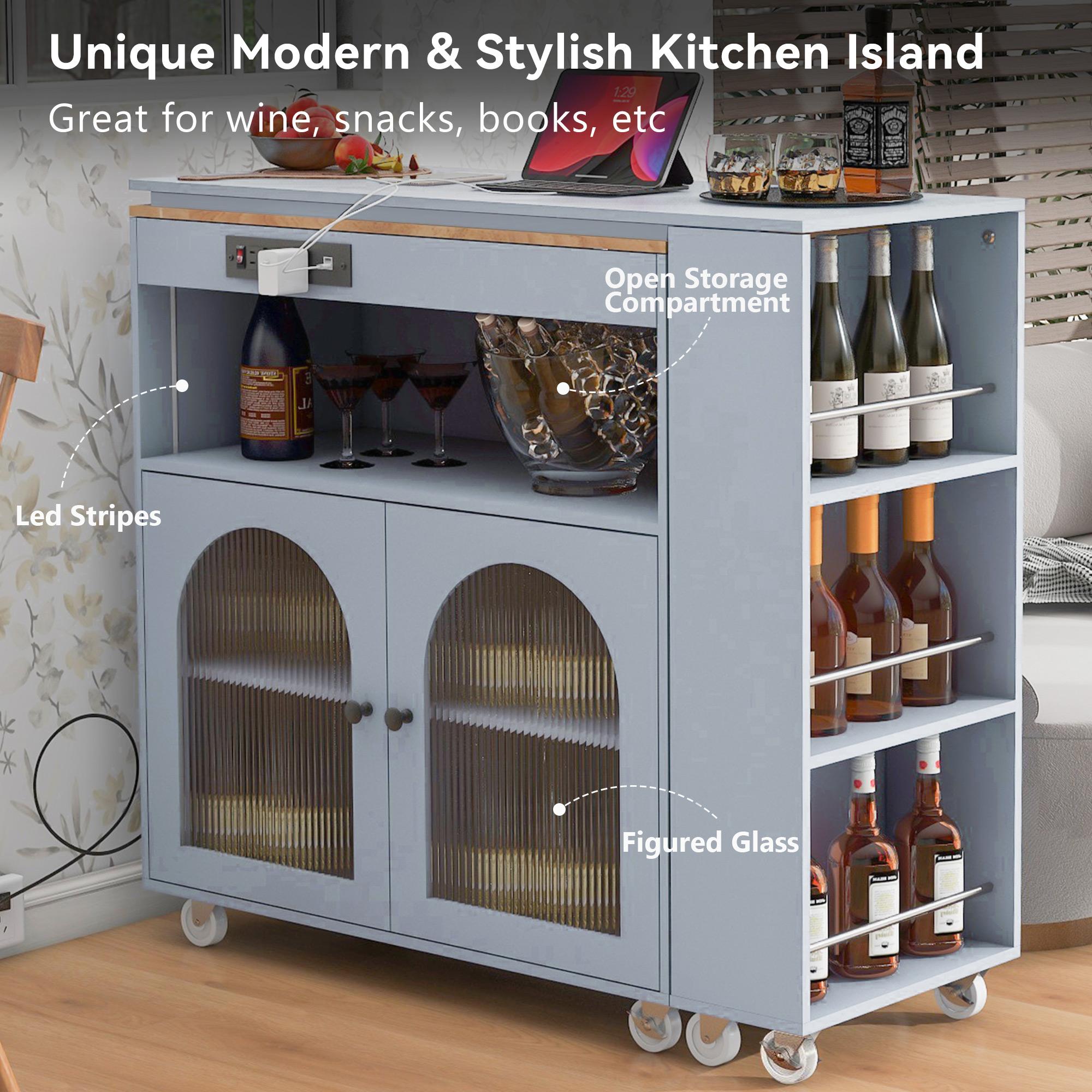 Extended LED Kitchen Island with Power Outlets, Adjustable Shelves, Central Island with Fluted Glass Doors, 56.5" L x 33" W x 38" H, Slate Blue