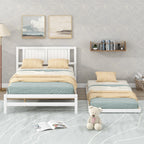 Full Size Platform Bed with Adjustable Trundle, Solid Pine Wood and MDF, 78" L x 97.5" W x 39.5" H, White