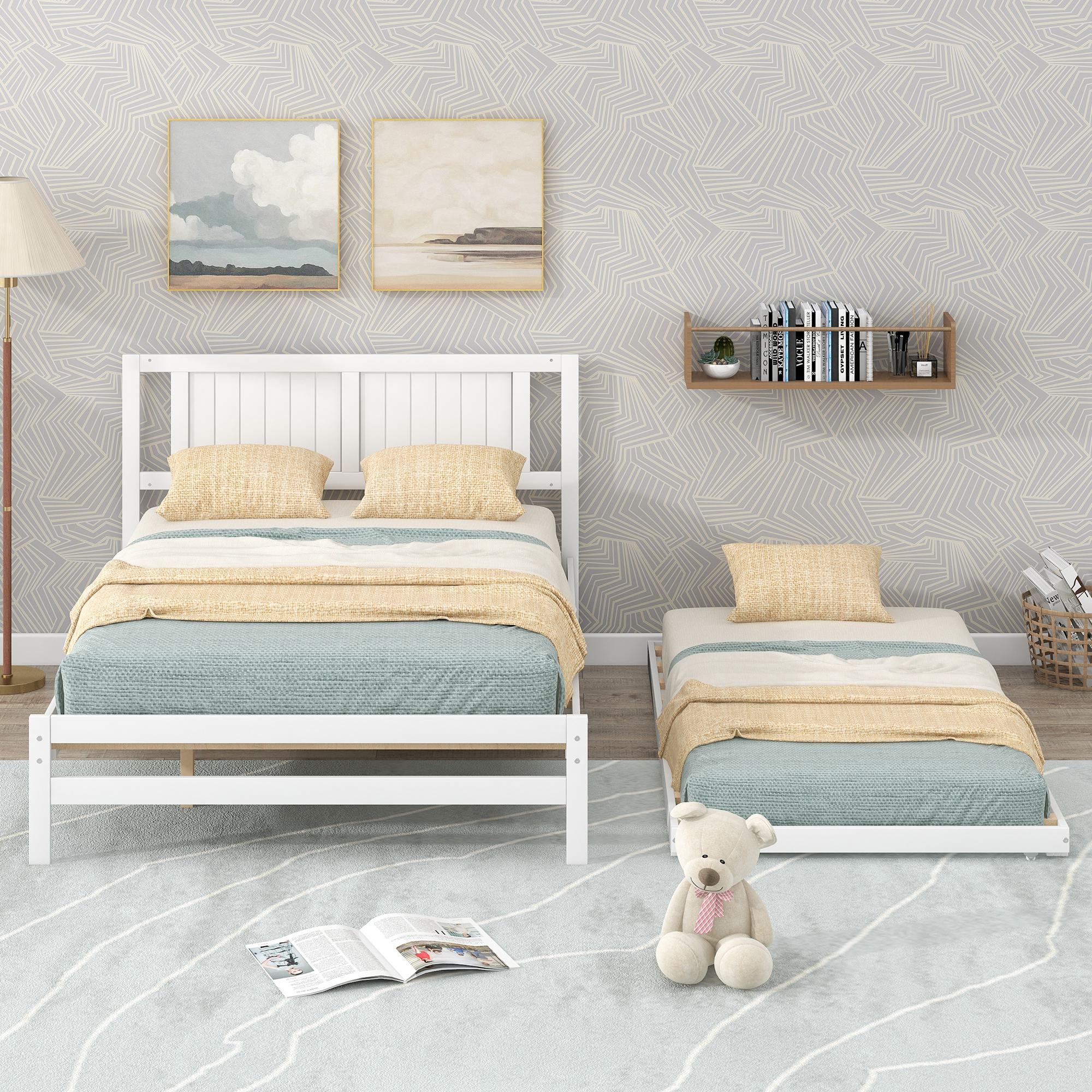 Full Size Platform Bed with Adjustable Trundle, Solid Pine Wood and MDF, 78" L x 97.5" W x 39.5" H, White