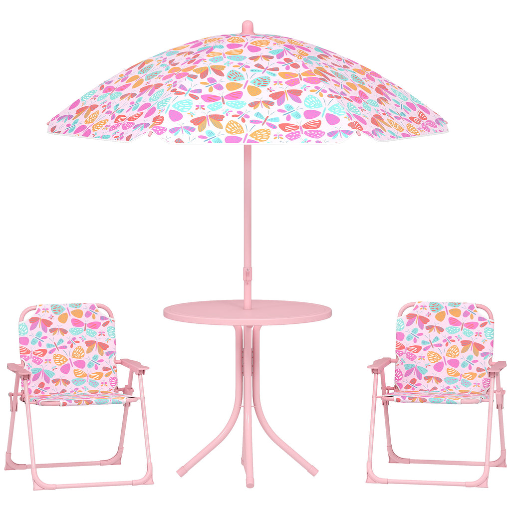 Kids Picnic Table and Chair Set, Outdoor Table with Foldable Chairs, Removable Umbrella, Pink