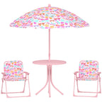 Kids Picnic Table and Chair Set, Outdoor Table with Foldable Chairs, Removable Umbrella, Pink