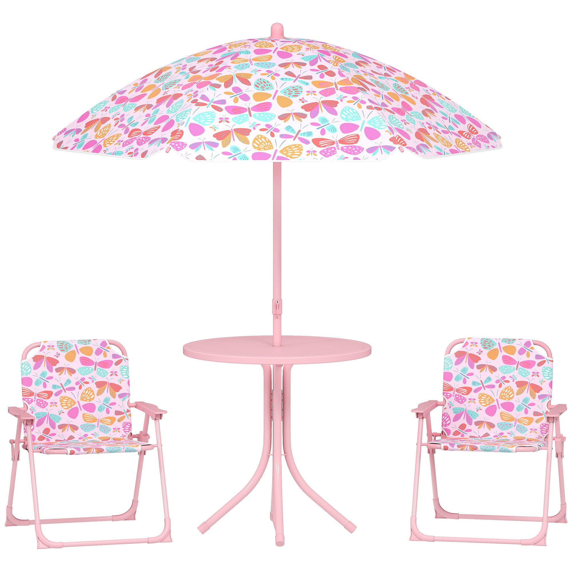 Kids Picnic Table and Chair Set, Outdoor Table with Foldable Chairs, Removable Umbrella, Pink