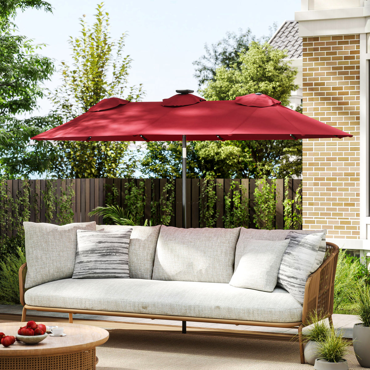 Double-sided Patio Umbrella, 9.7' Outdoor Umbrella with Tilt and Crank, LED Solar Light and 12 Ribs, Wine Red