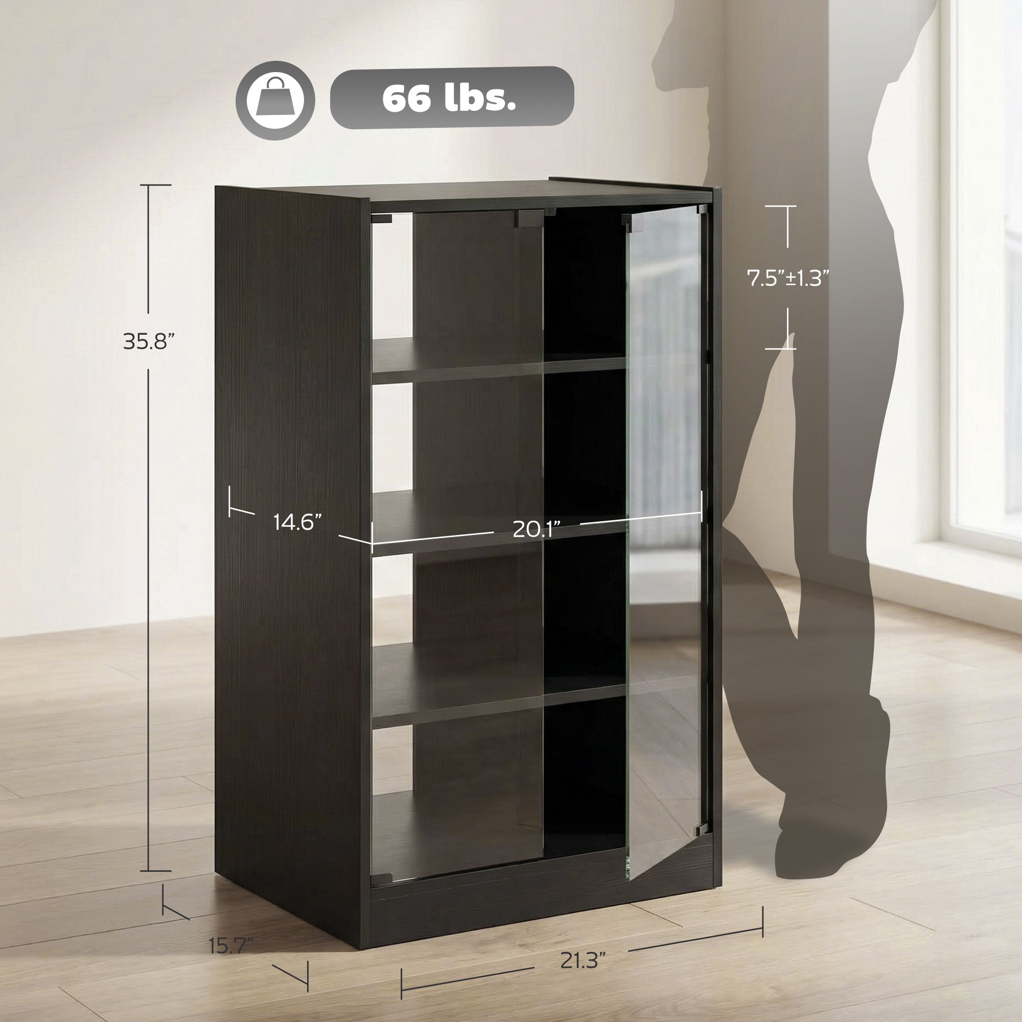 Media Cabinet, 4-Tier Stereo Cabinet for Vinyl Record Player, Gaming Console, AV Record Player Stand with Adjustable Shelves, Push-to-Open Glass Doors and Cable Management, Distressed Black