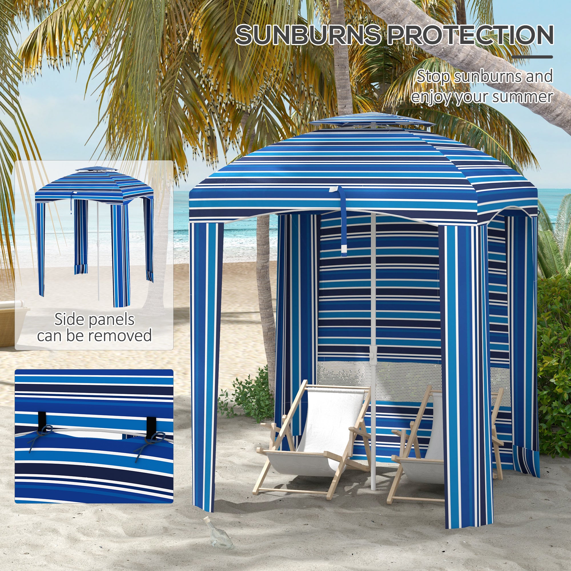 5.8' x 5.8' Cabana Umbrella for Travel, Walls, Vents, Ruffles, Carry Bag, Beach Umbrella, Blue Stripe