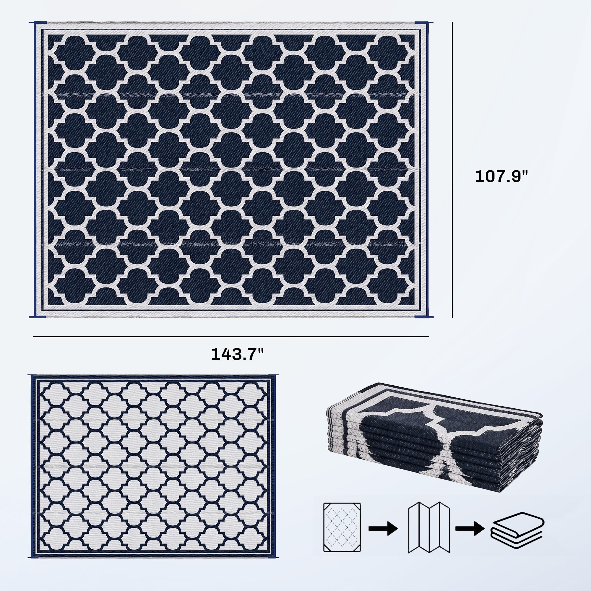 Reversible Outdoor Rug, 9' x 12' Waterproof Plastic Straw Floor Mat, Portable RV Camping Carpet, Large Floor Mat for Backyard, Deck, Picnic, Beach, Blue & White