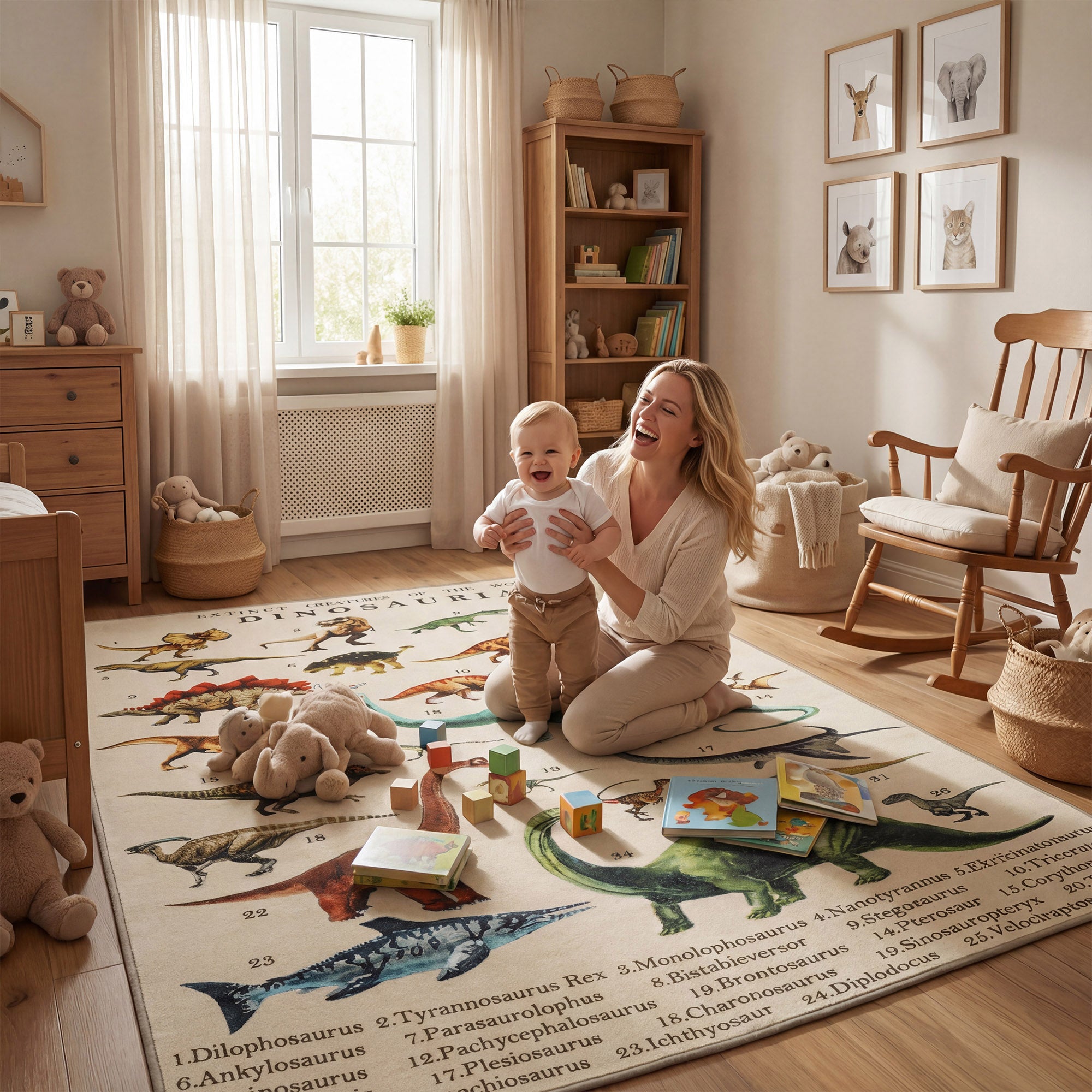 Large Play Mat 79" x 59", Crawling Mat for Toddlers, Living Room and Bedroom with Dinosaur Pattern, Khaki