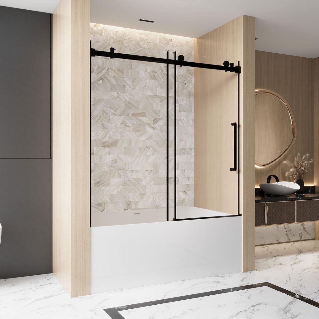 Frameless Sliding Shower Door with Smooth Quiet Stainless Steel Rollers & Round Tracks, Panel for Bathroom, 60" L x 0.5" W x 60" H, Matt Black