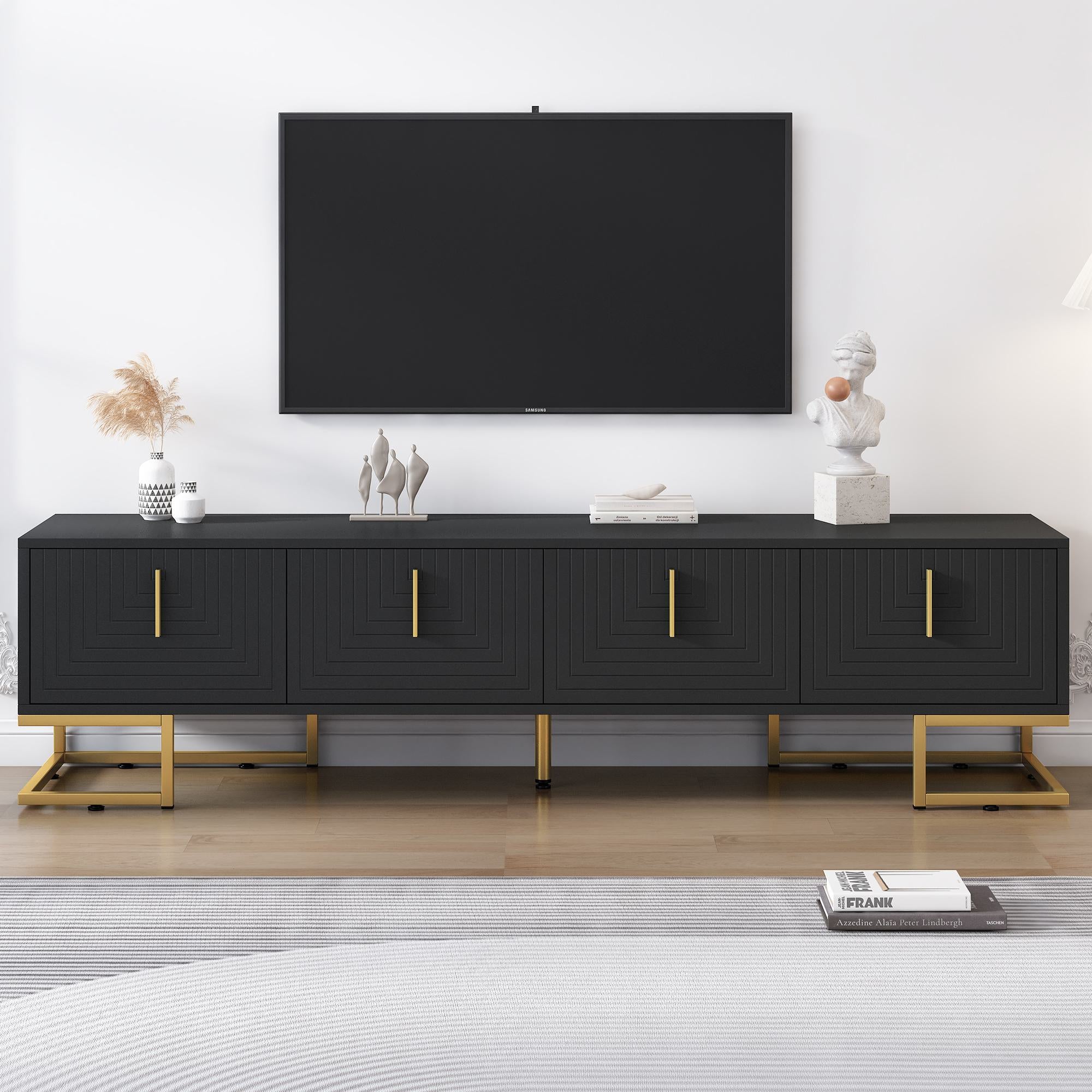 Modern TV Stand with Metal Legs and Gold Handles for TVs Up to 80", Media Console Table with Cabinets and Adjustable Shelves, Black+Gold