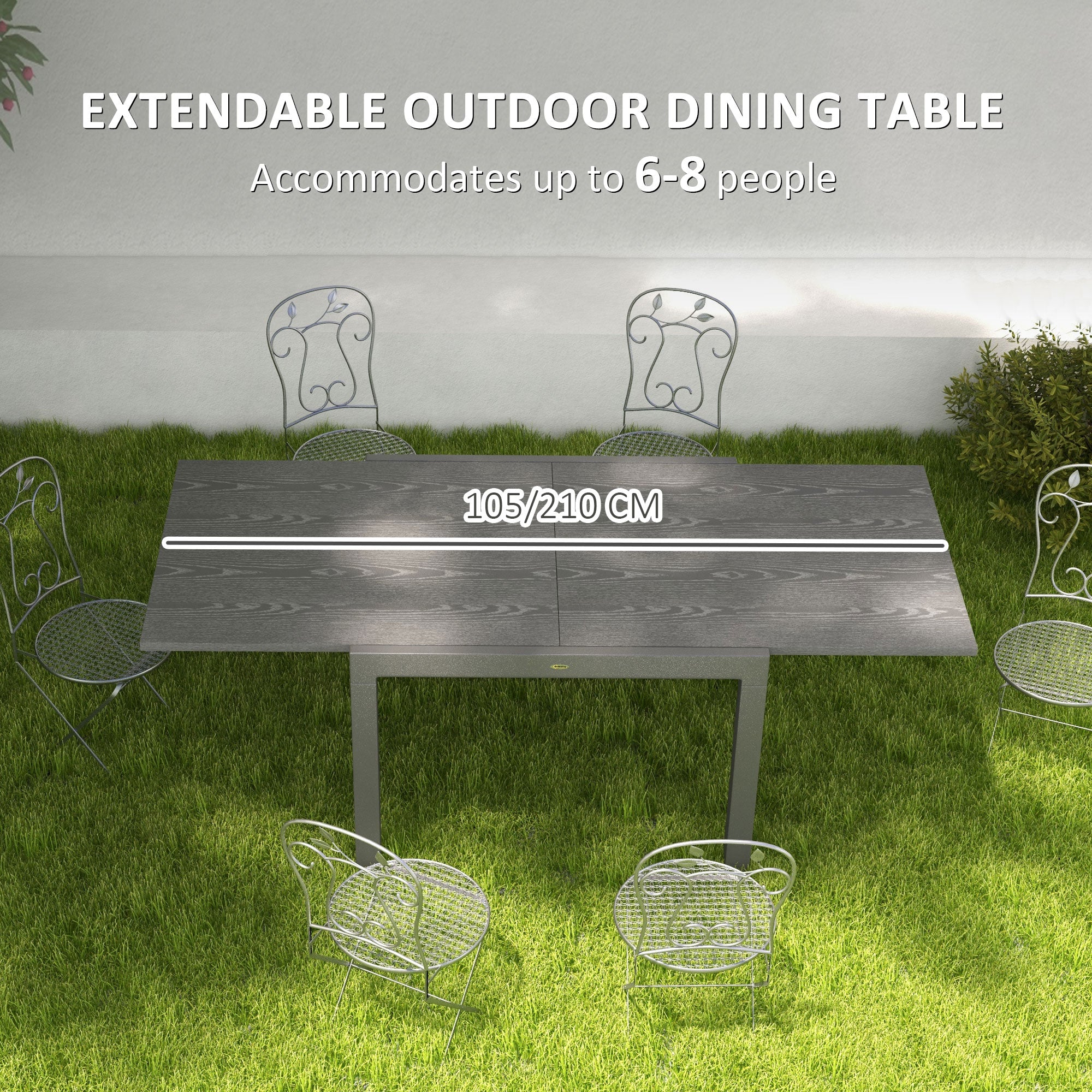 Patio Table for 6-8 People, Aluminum Frame Rectangle Garden Table with Wood Effect Steel Top, for Backyard, Dark Gray