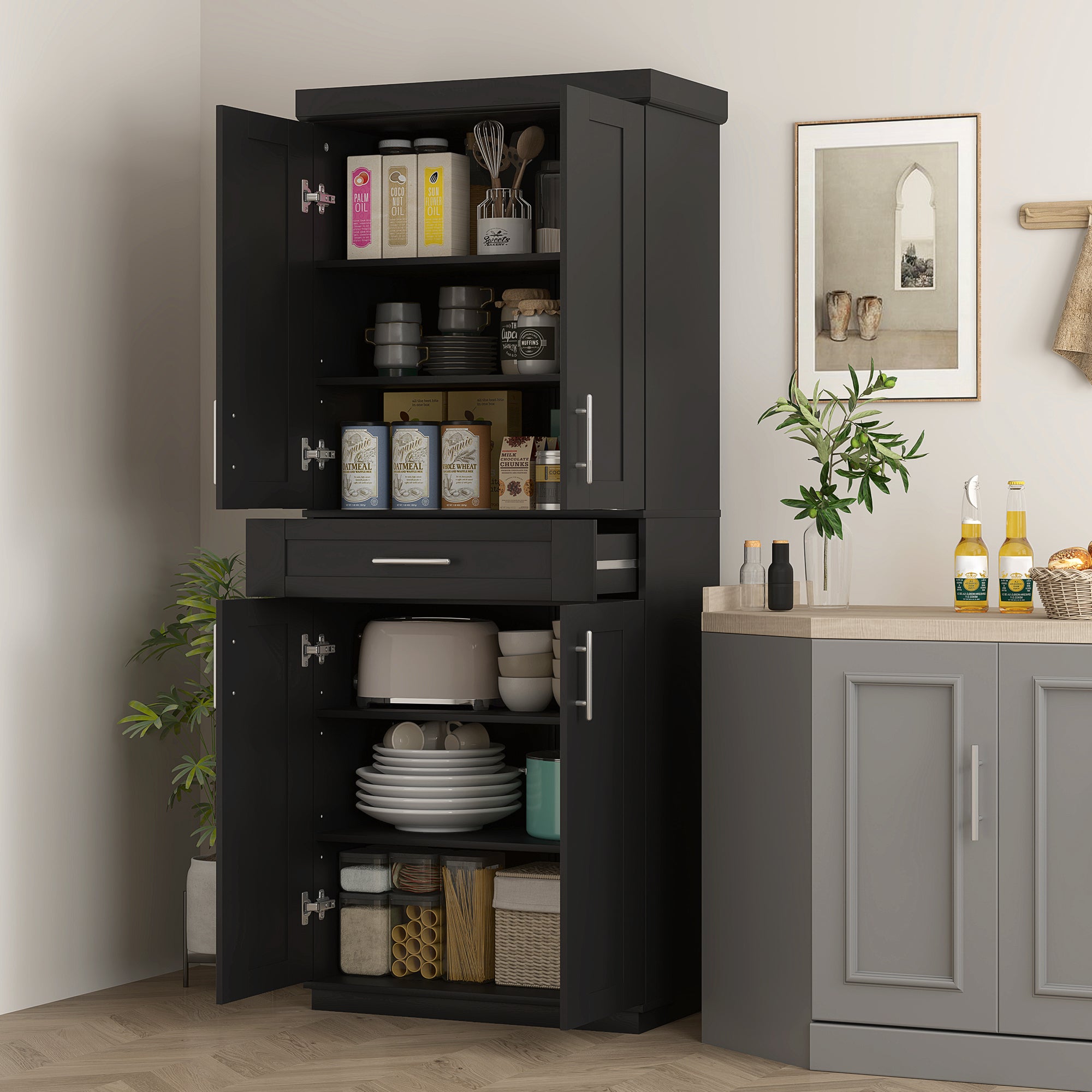 Modern Kitchen Pantry Freestanding Cabinet Cupboard with Doors and Drawer, Adjustable Shelving, Black