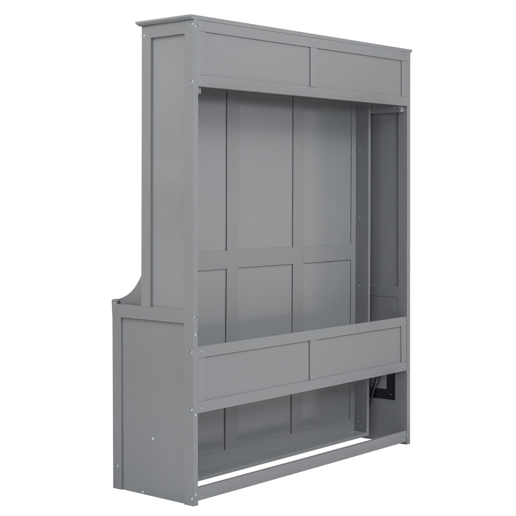 Space-Saving Design Queen Size Murphy Bed with Shelf, Solid Wood and MDF, 86" L x 69.5" W x 87" H, Gray