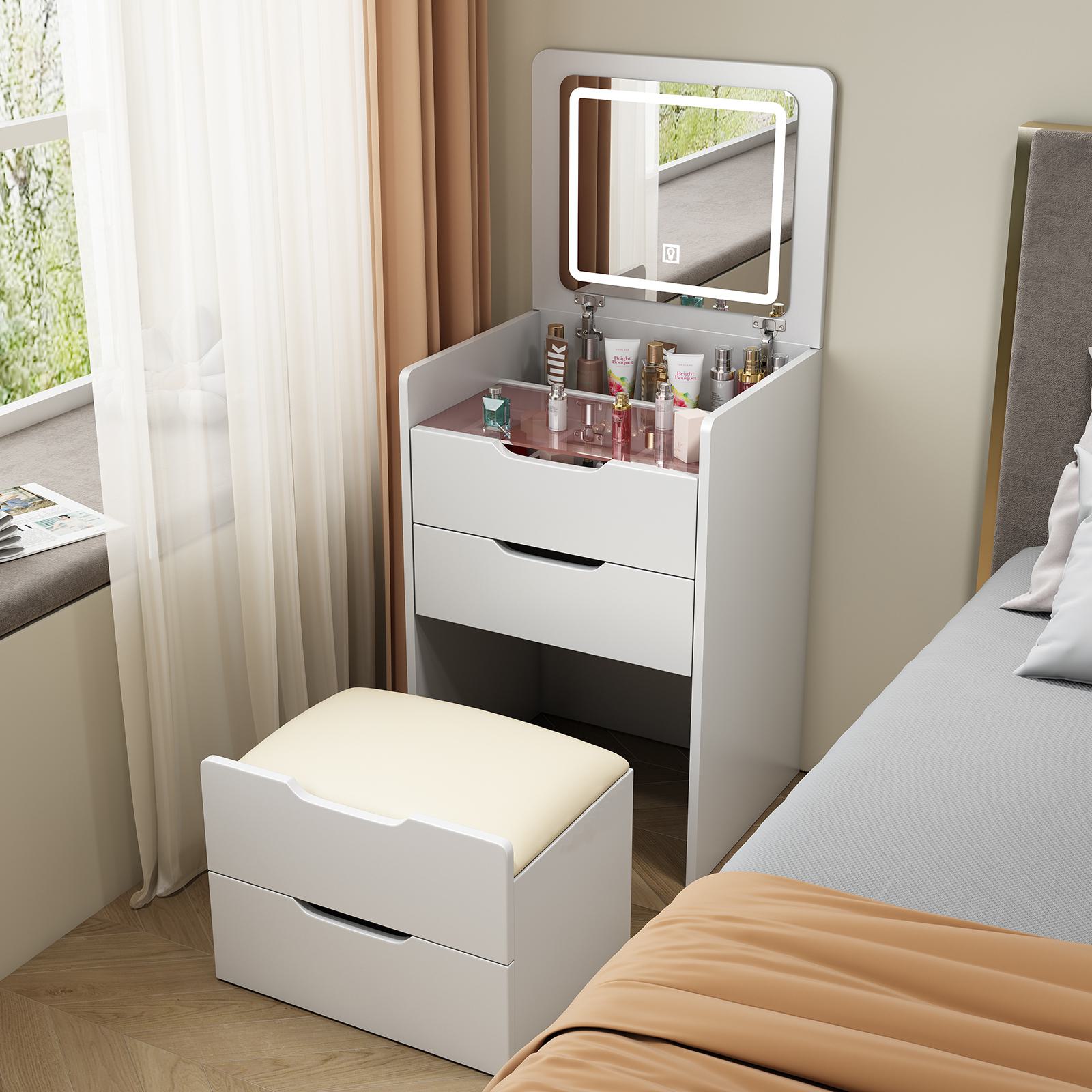 3-in-1 Vanity Desk with Flip Top Mirror, Compact Makeup Vanity Set with Visible Glass Desktop, Dressing Table, 20" L x 17" W x 31.5" H, White