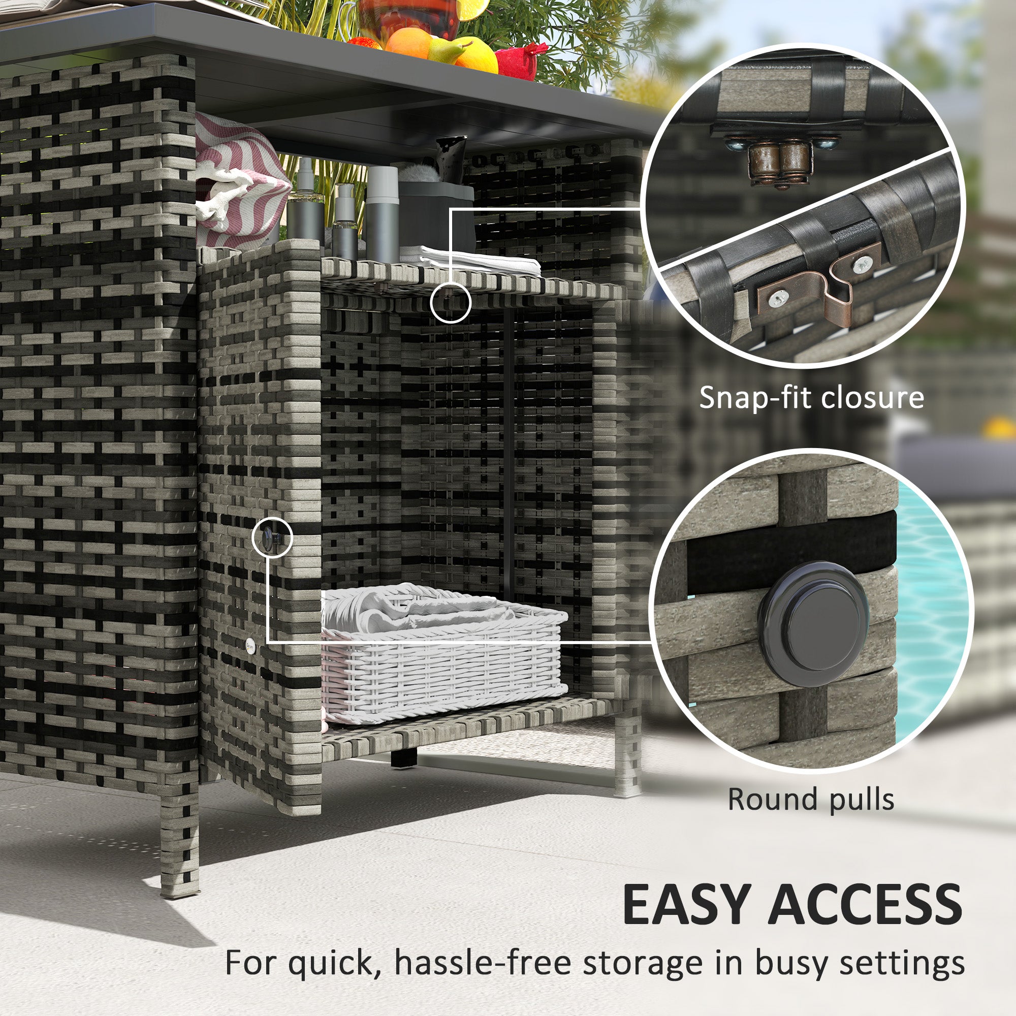 Wicker Outdoor Storage Cabinet with Two Doors and Shelf for Outdoor Pool Towel Storage, Mixed Gray